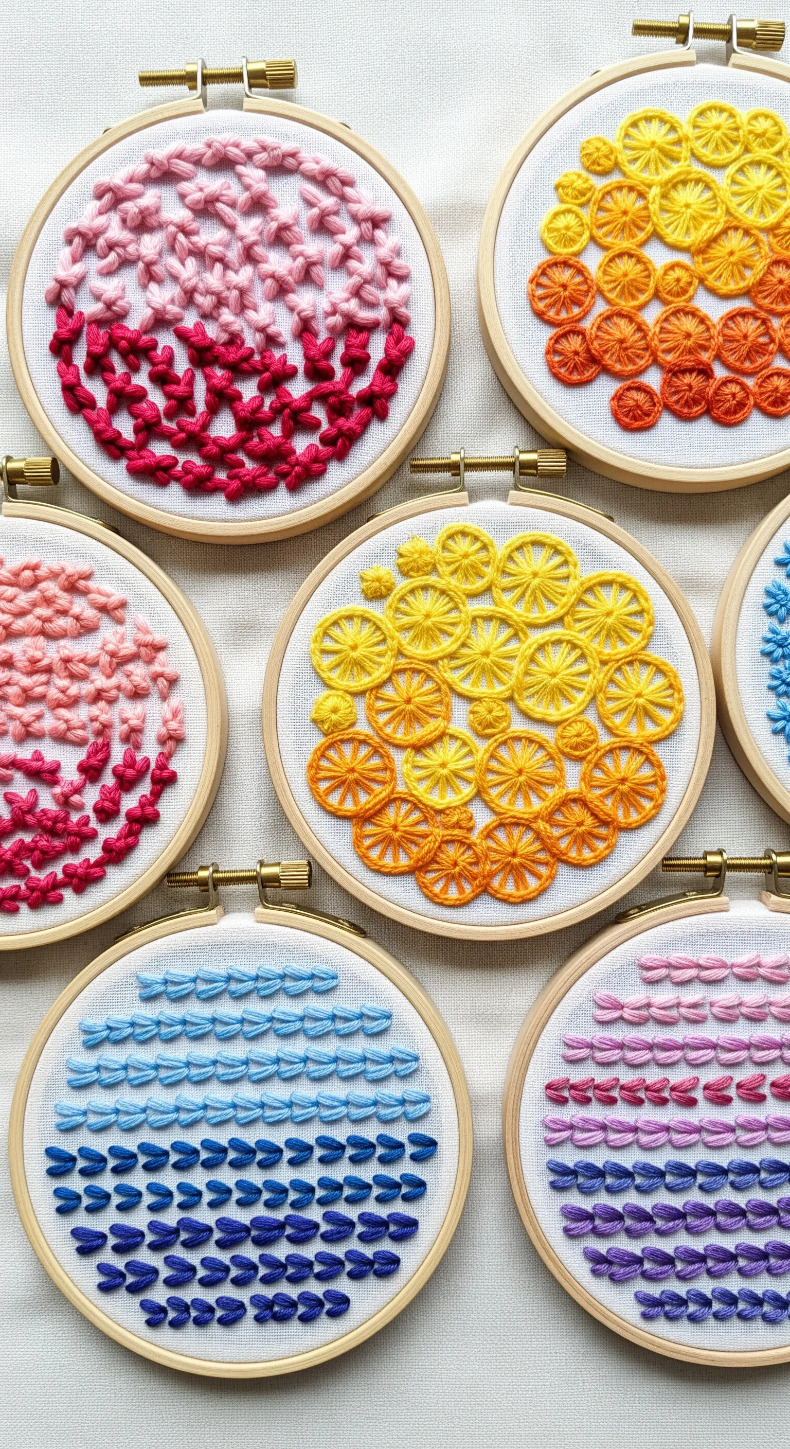 A collection of small embroidery hoops, each sampling a different stitch in a gradient.