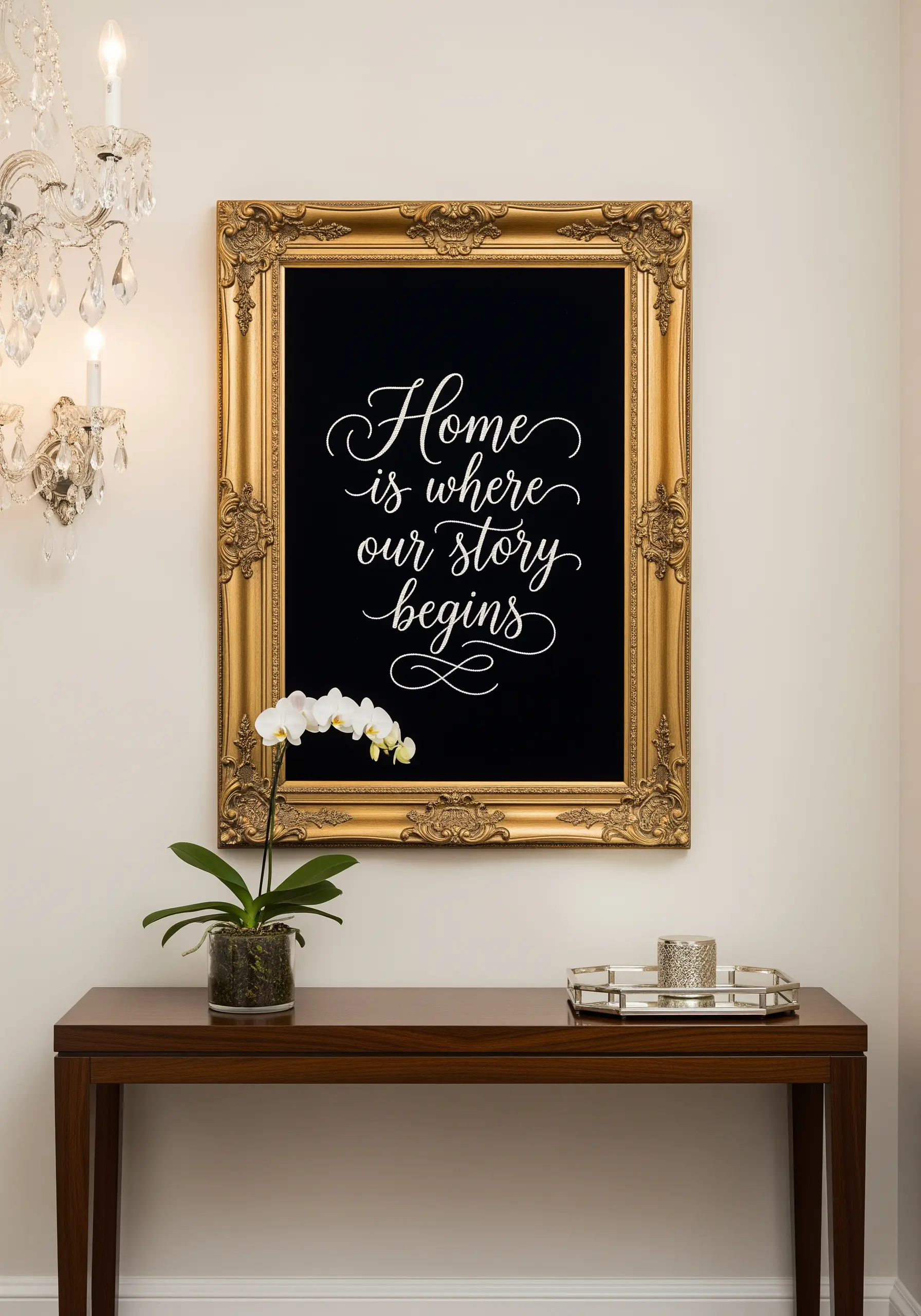 Elegant white script embroidered on black fabric in a large, ornate gold frame.
