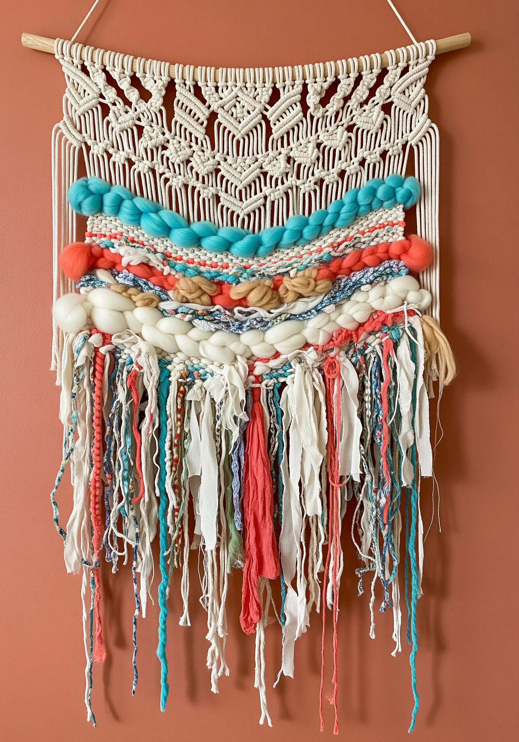Colorful bohemian macrame and weaving with chunky yarn, fabric strips, and bright colors.