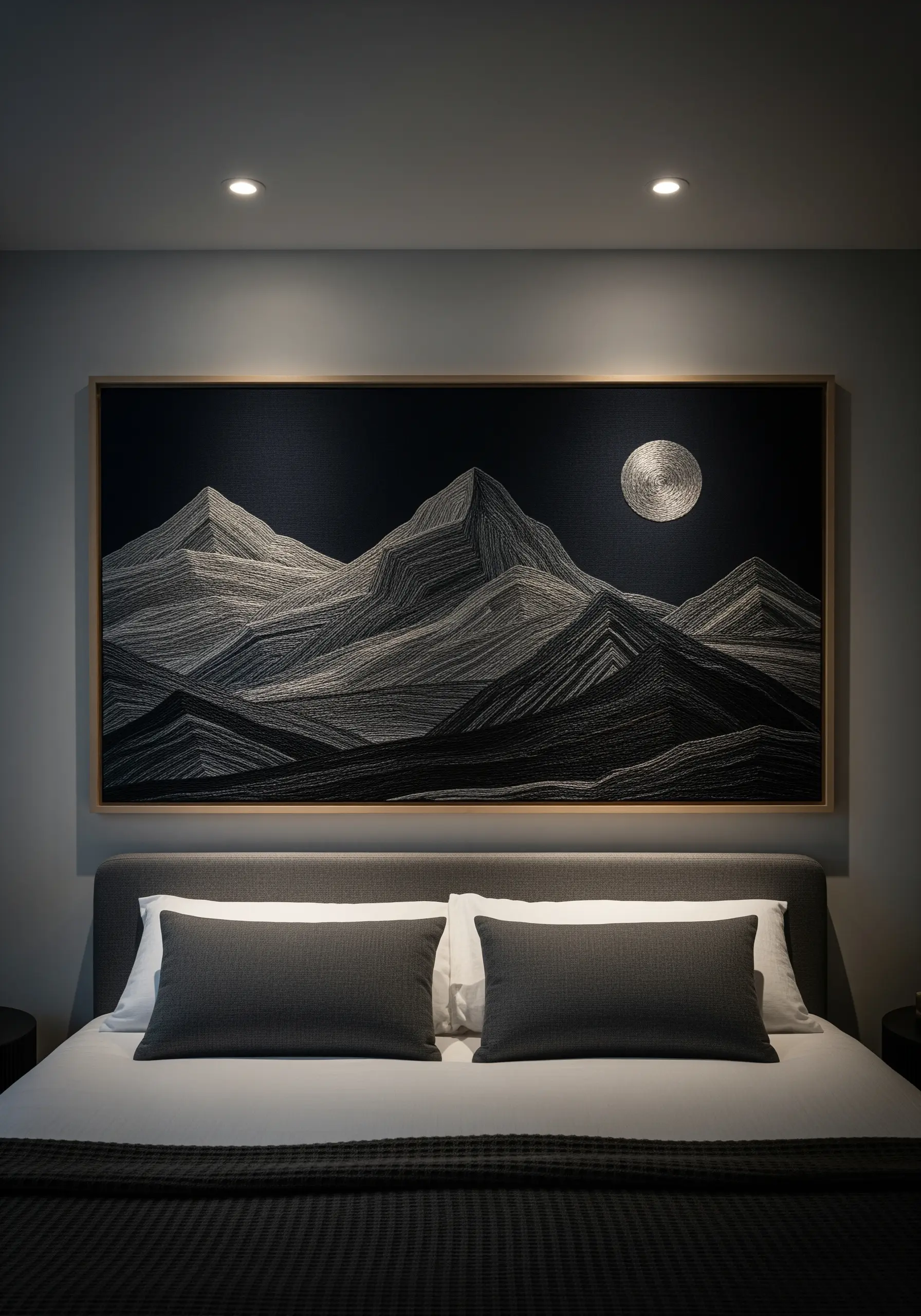 A large framed monochrome embroidery of mountains and a moon.
