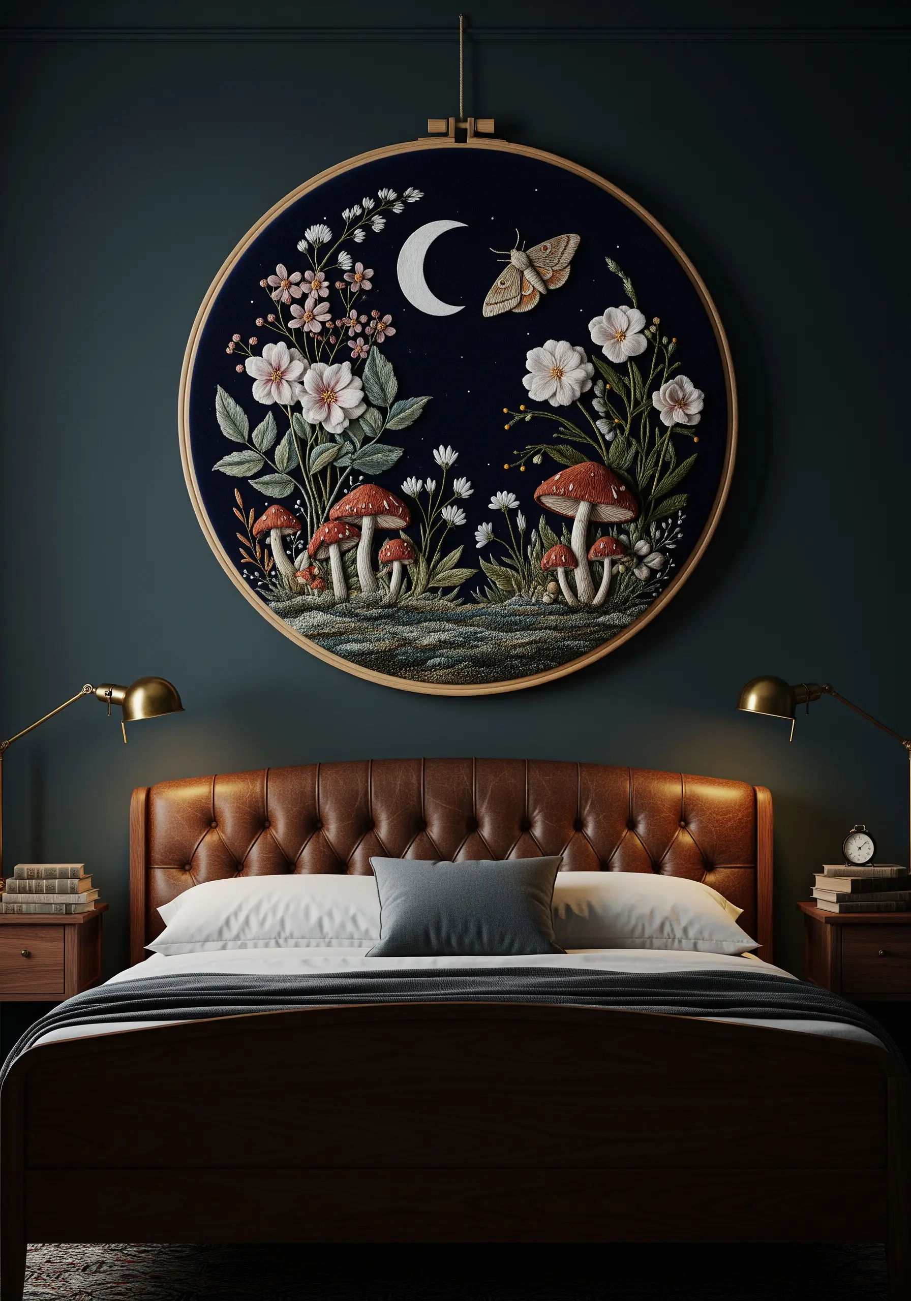 Oversized embroidery hoop with a night-themed botanical scene against a dark wall.