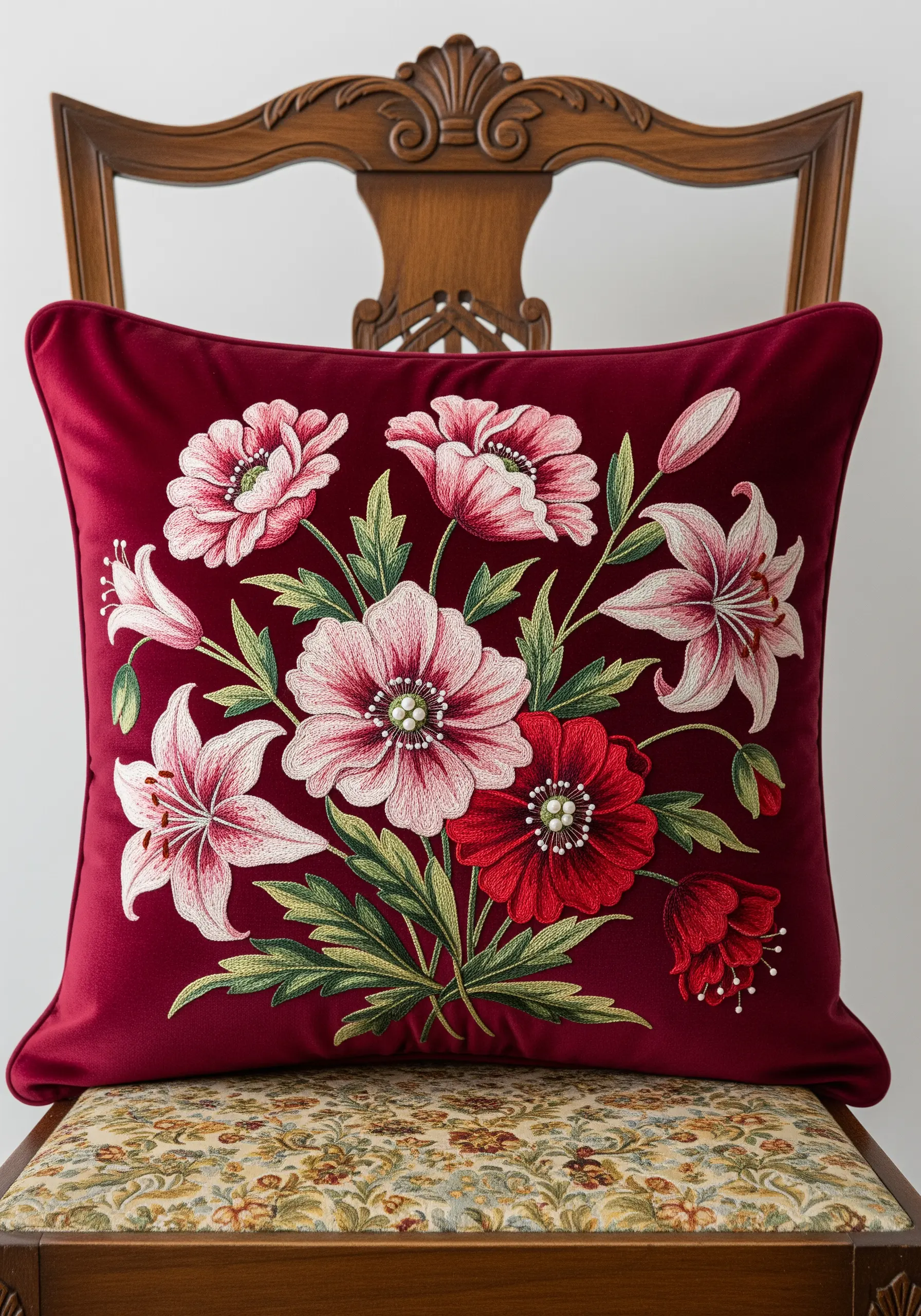 Realistic, thread-painted flowers in shades of pink and red on a velvet cushion