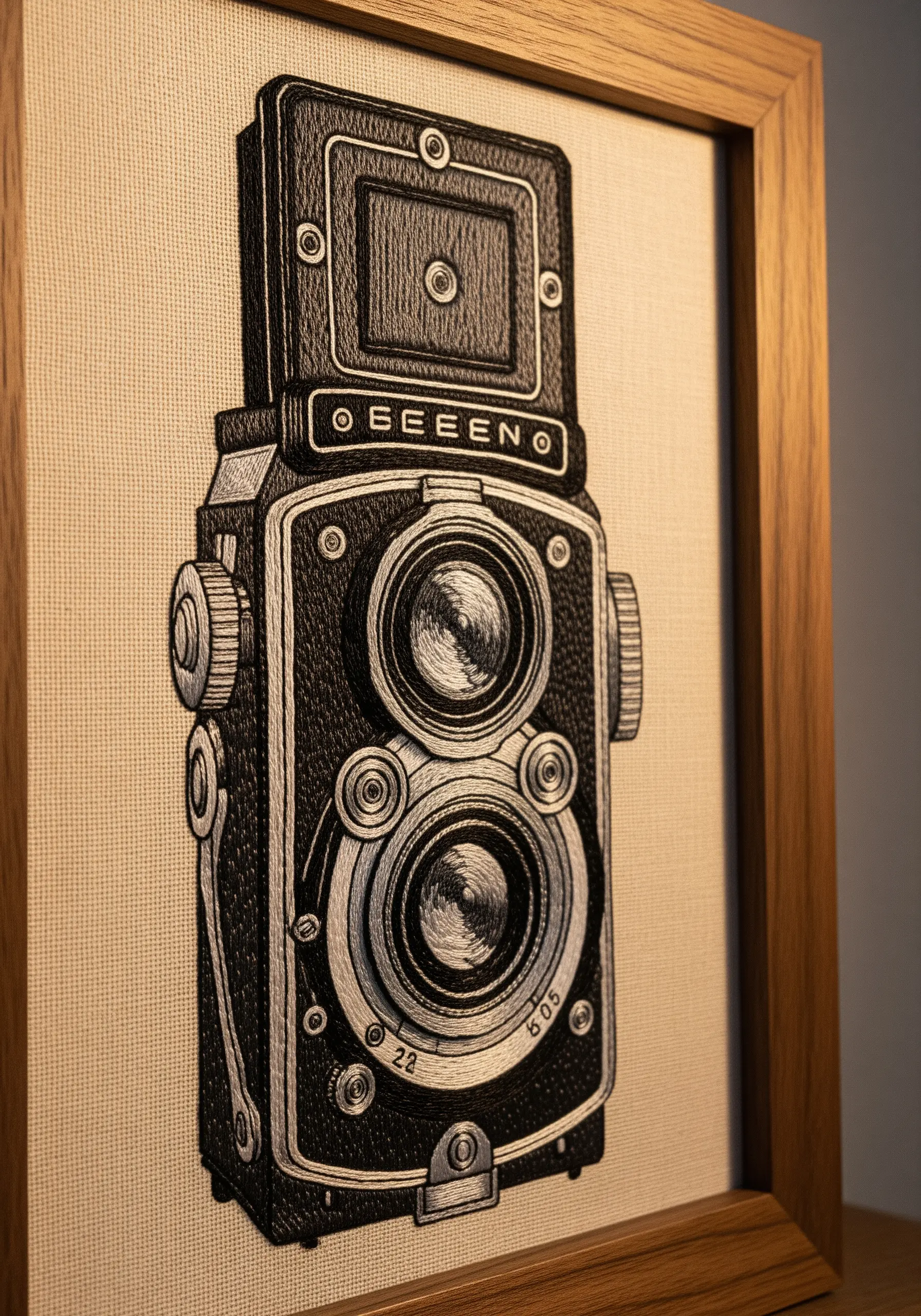 Photorealistic black and white embroidery of a vintage twin-lens reflex camera.