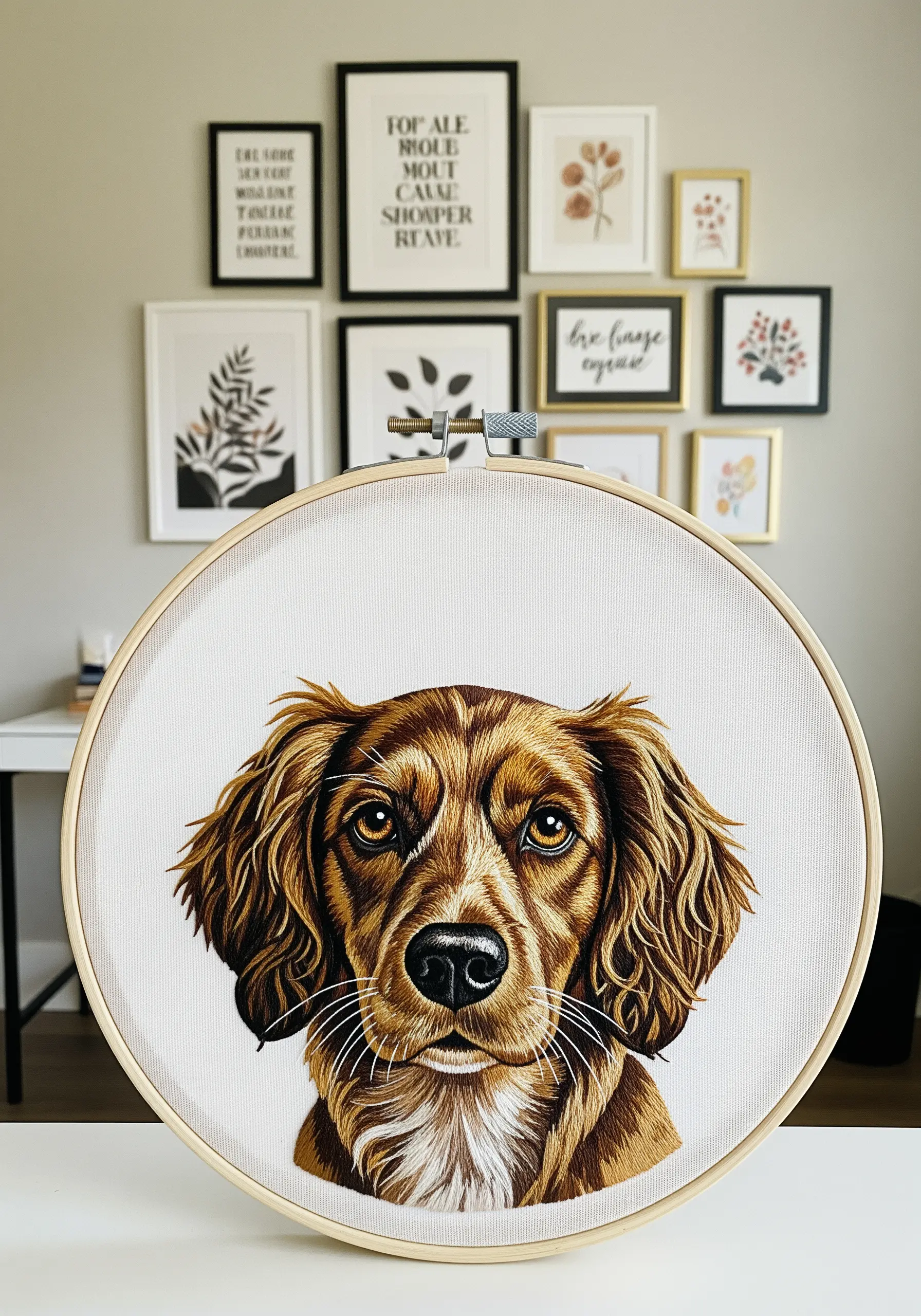 A highly realistic thread-painted portrait of a brown cocker spaniel in an embroidery hoop.