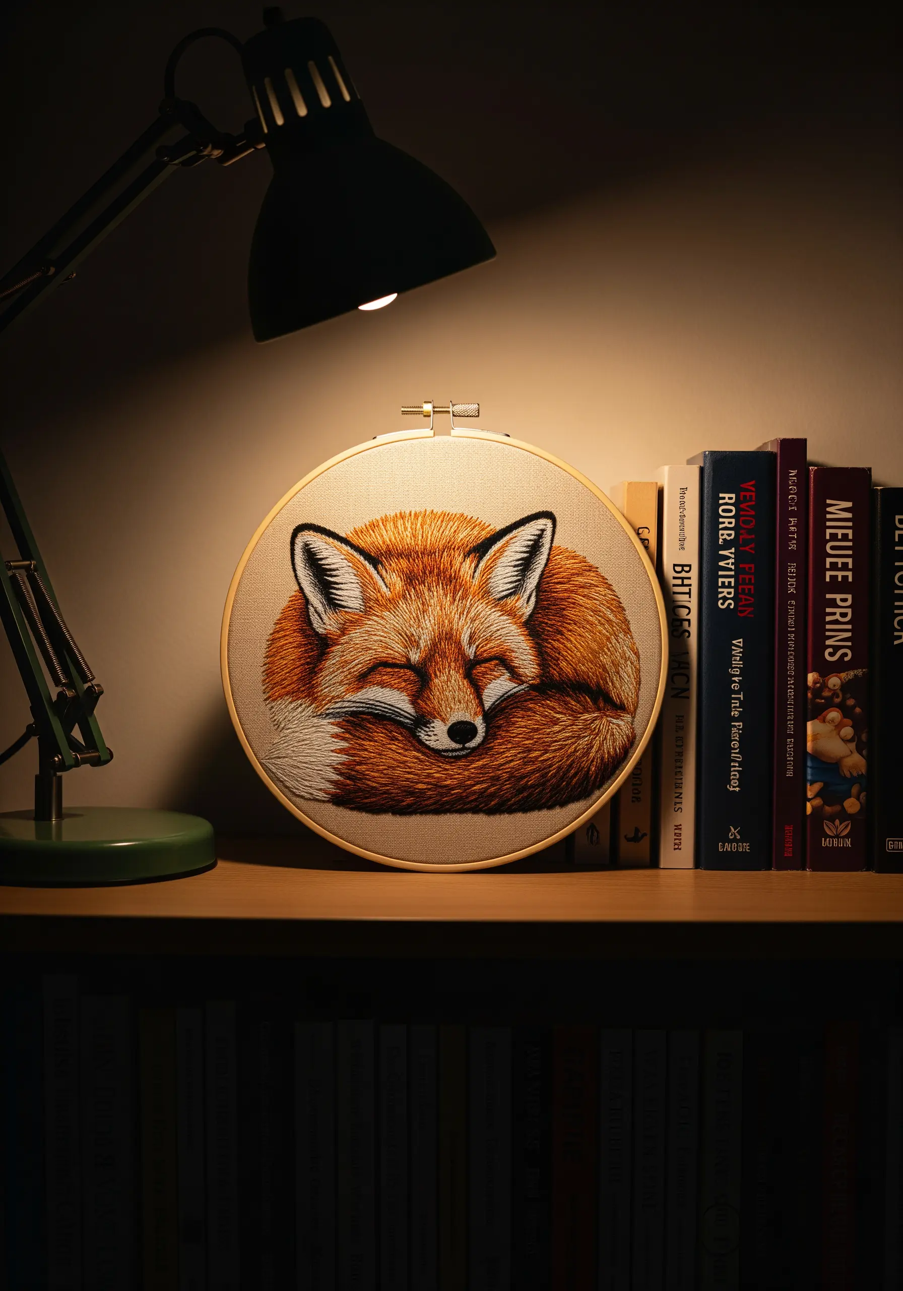 A highly detailed, thread-painted sleeping fox embroidered in a hoop, resting on a bookshelf.