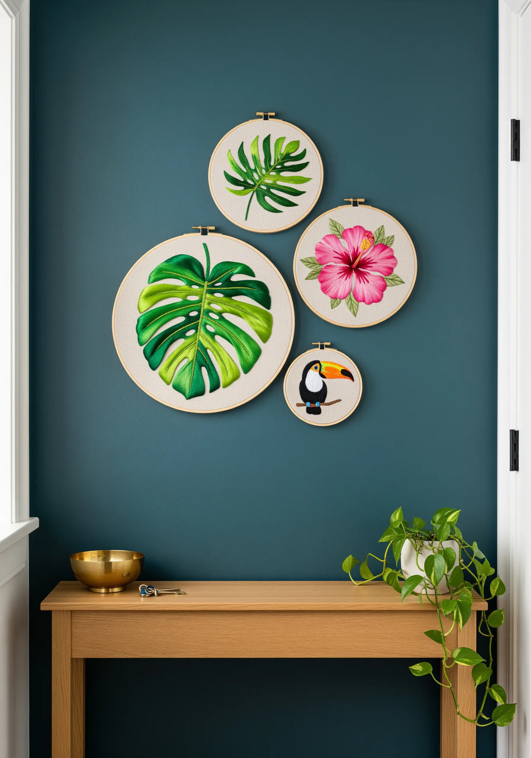 Four embroidery hoops with tropical motifs: monstera leaf, hibiscus, and a toucan.