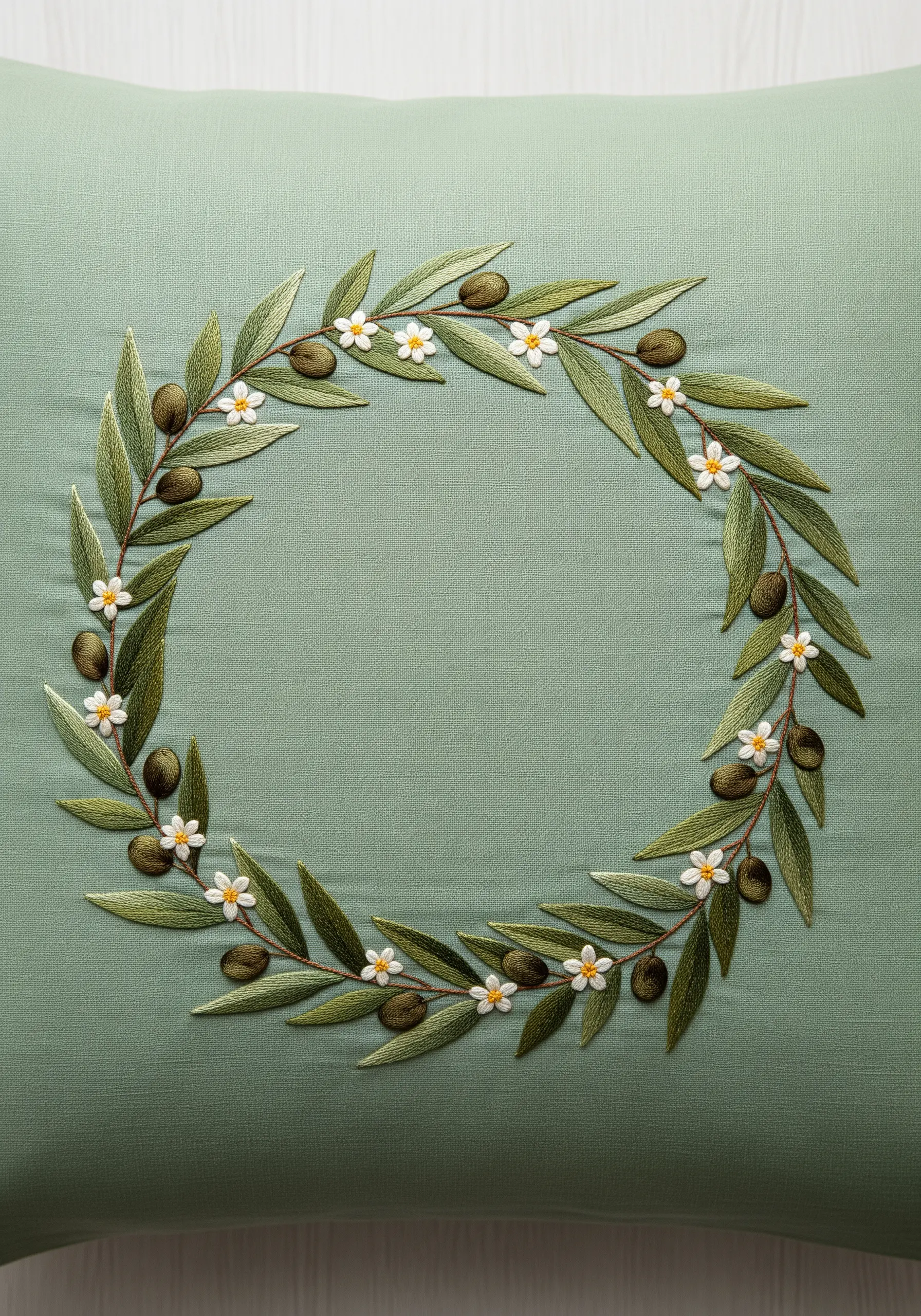 A perfectly stitched circular wreath of olive branches on a sage green pillow.
