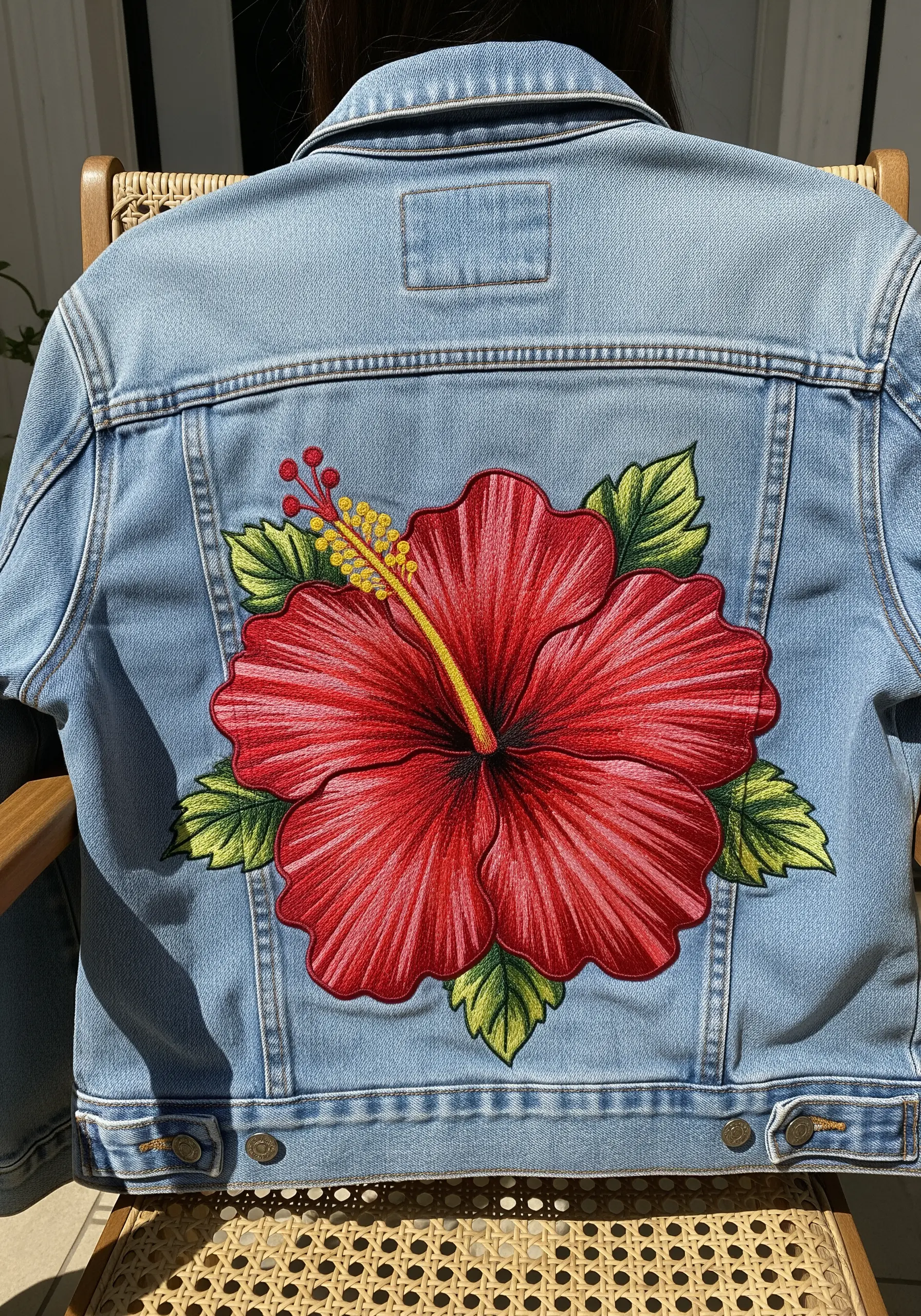 Large red hibiscus flower with detailed shading embroidered on the back of a denim jacket.