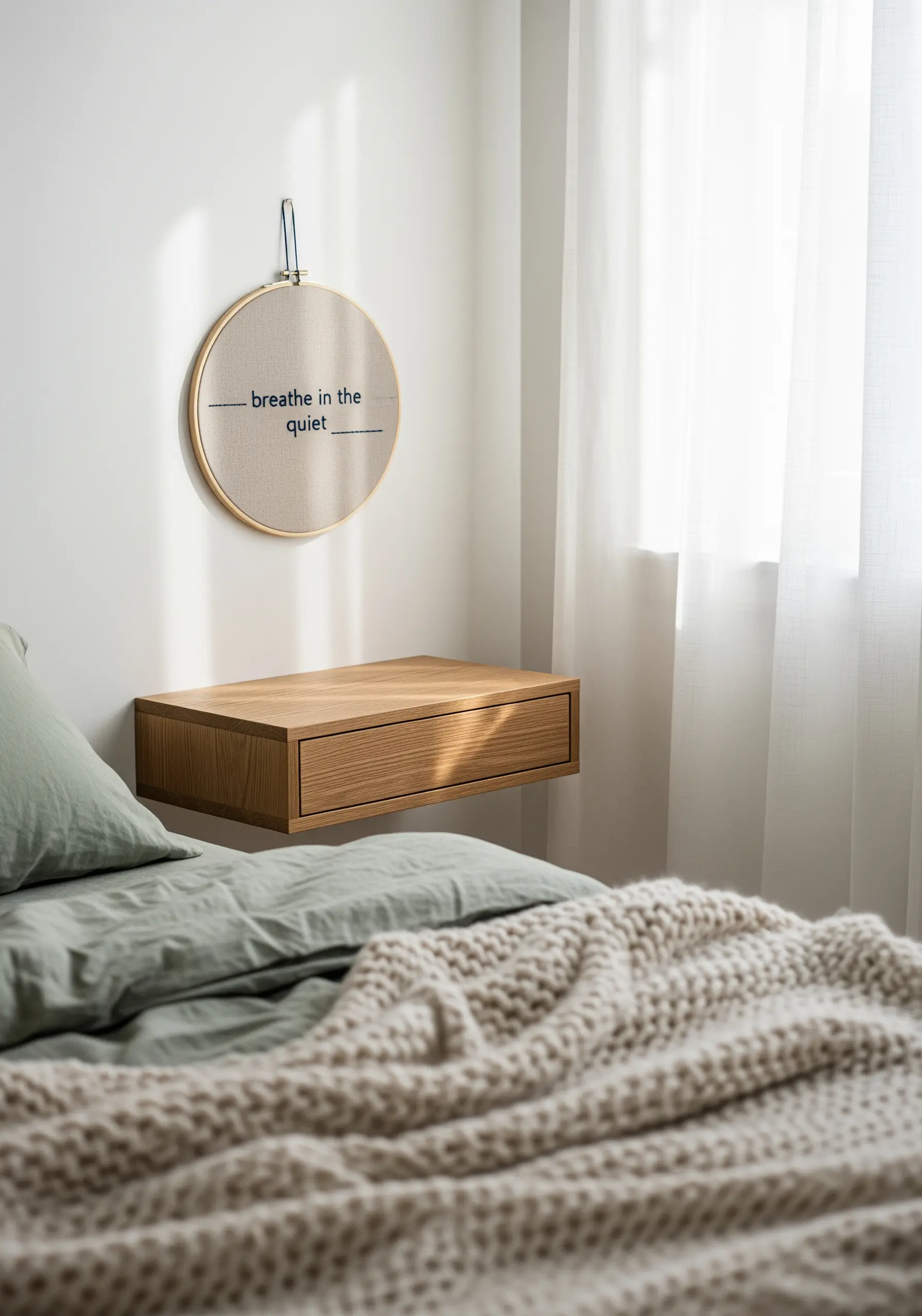 Minimalist backstitch quote on oatmeal-colored linen fabric in a simple wooden hoop.