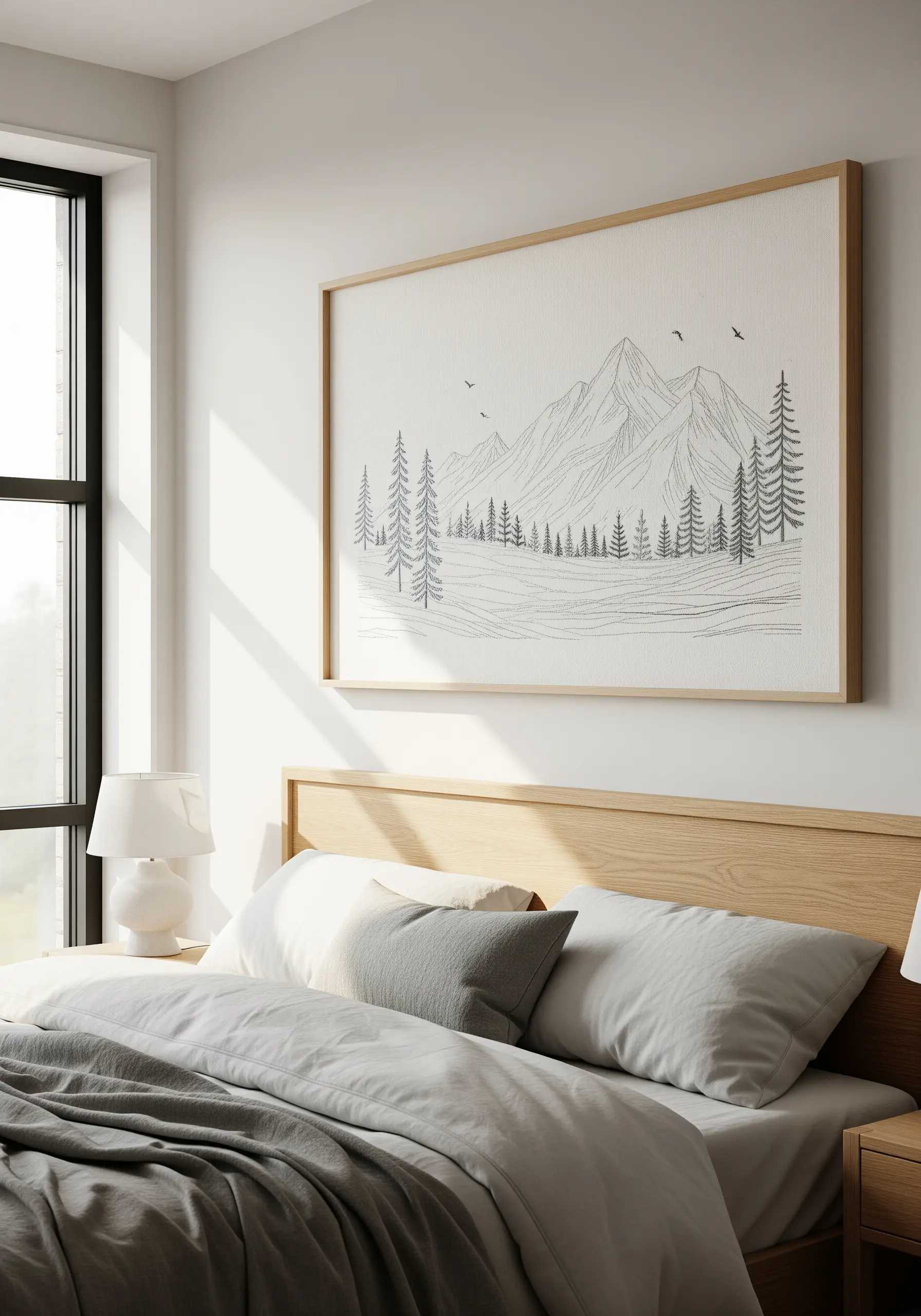 Large framed embroidery of a mountain and forest line drawing hanging above a bed.