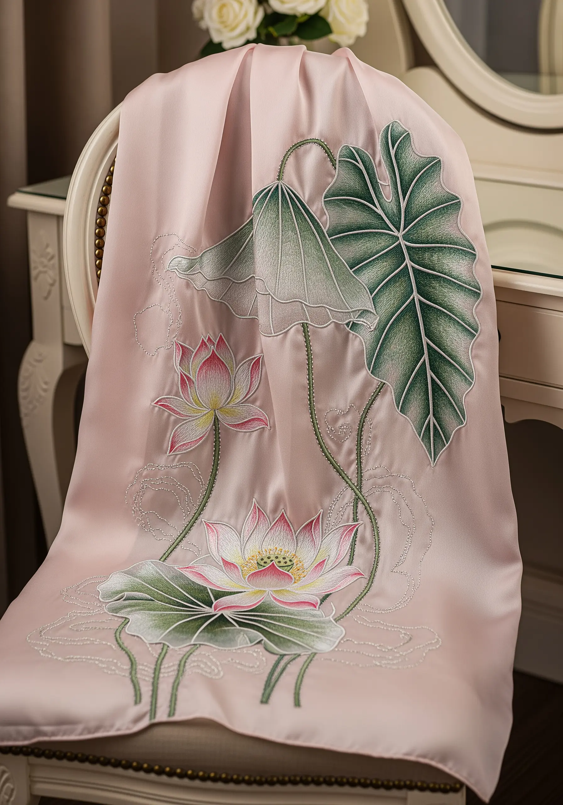 Delicate silk shading embroidery of lotus flowers and pads on a shimmering pink satin fabric.