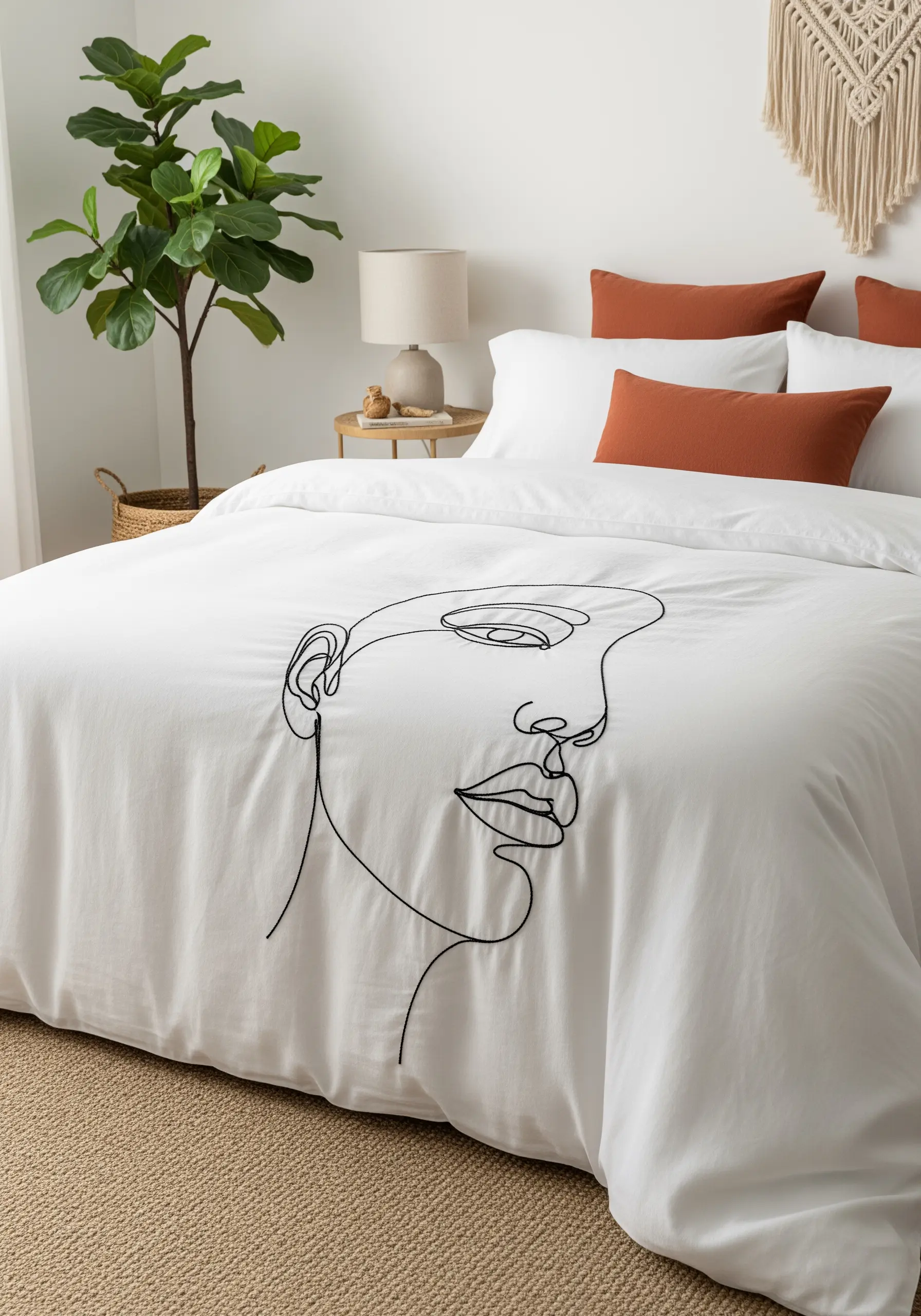 A white duvet cover featuring a large, single-line embroidered face profile in black thread.
