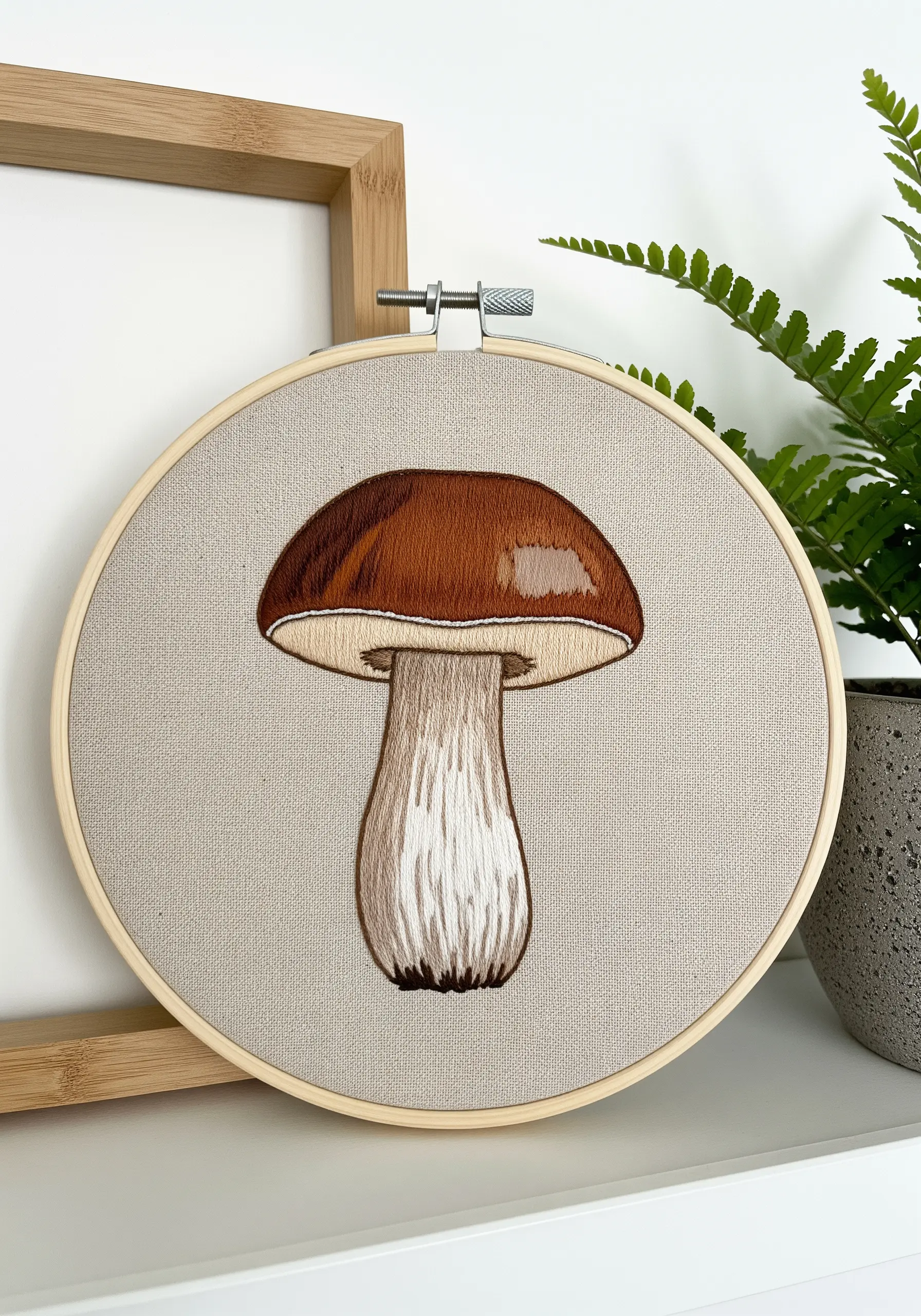 A single, realistically shaded porcini mushroom embroidered on linen fabric.