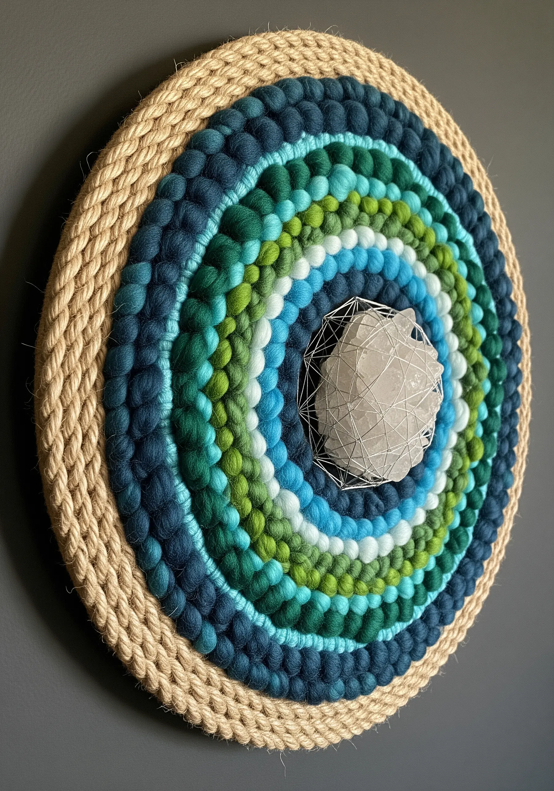 Circular yarn wall art with concentric coils of blue and green yarn and a central crystal.