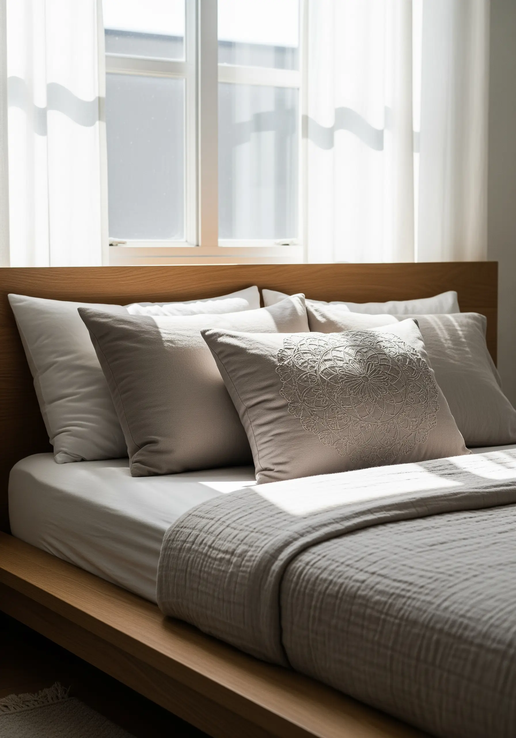 A subtle tone-on-tone embroidered mandala on a beige cushion, lit by sunlight on a bed.