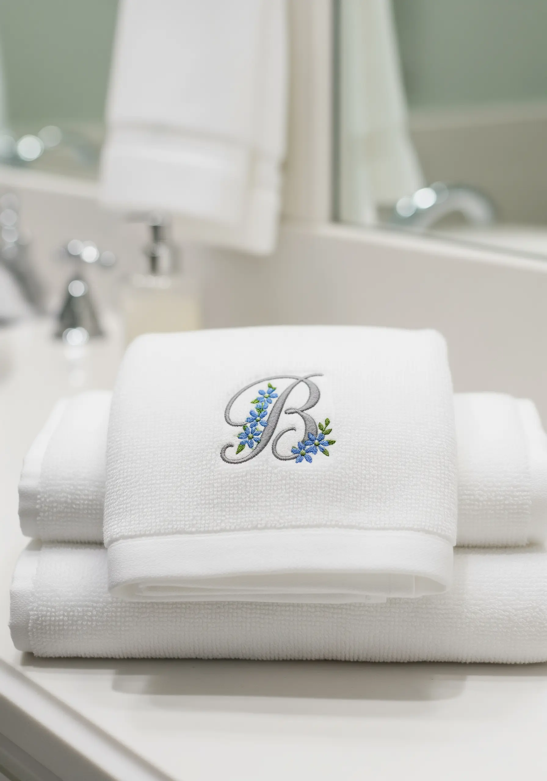 An elegant silver monogram with blue floral details embroidered on a plush white hand towel.