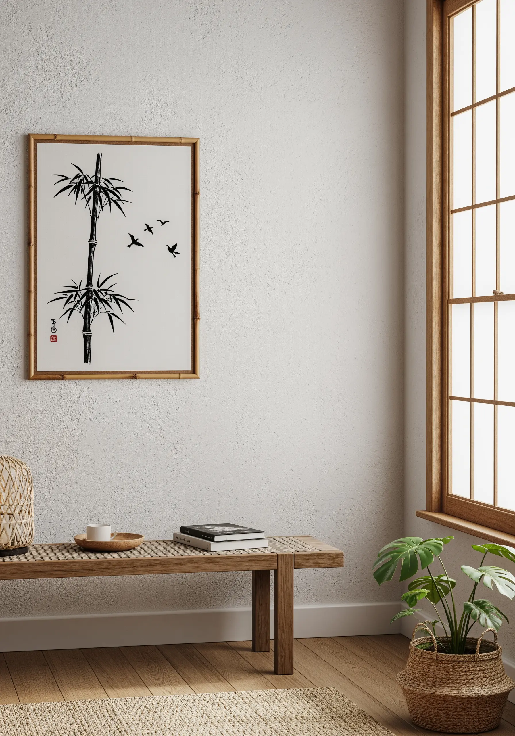 Framed blackwork embroidery of a bamboo stalk and birds in a Japanese ink wash style.
