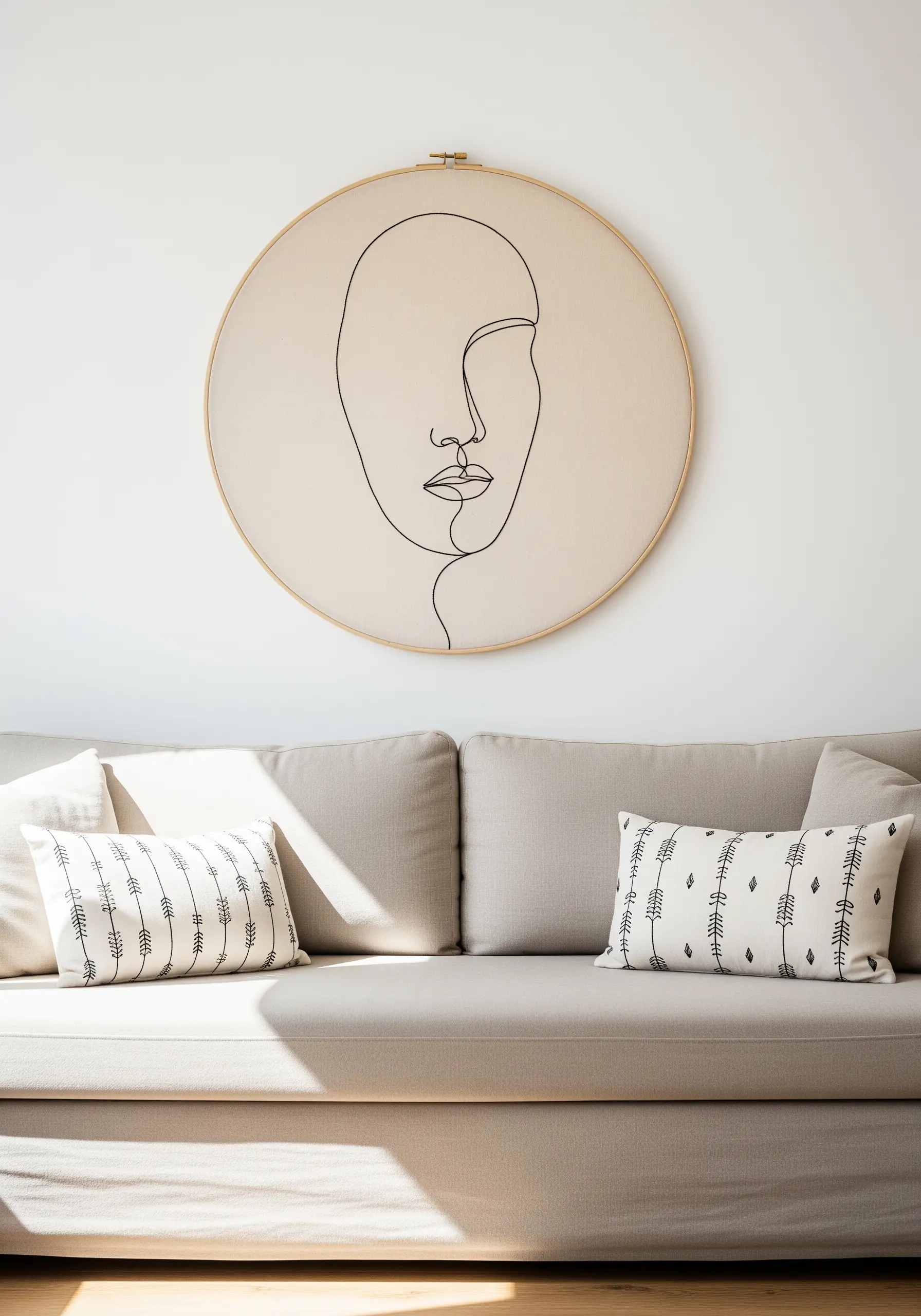 A large embroidery hoop with a minimalist single-line art portrait of a face.