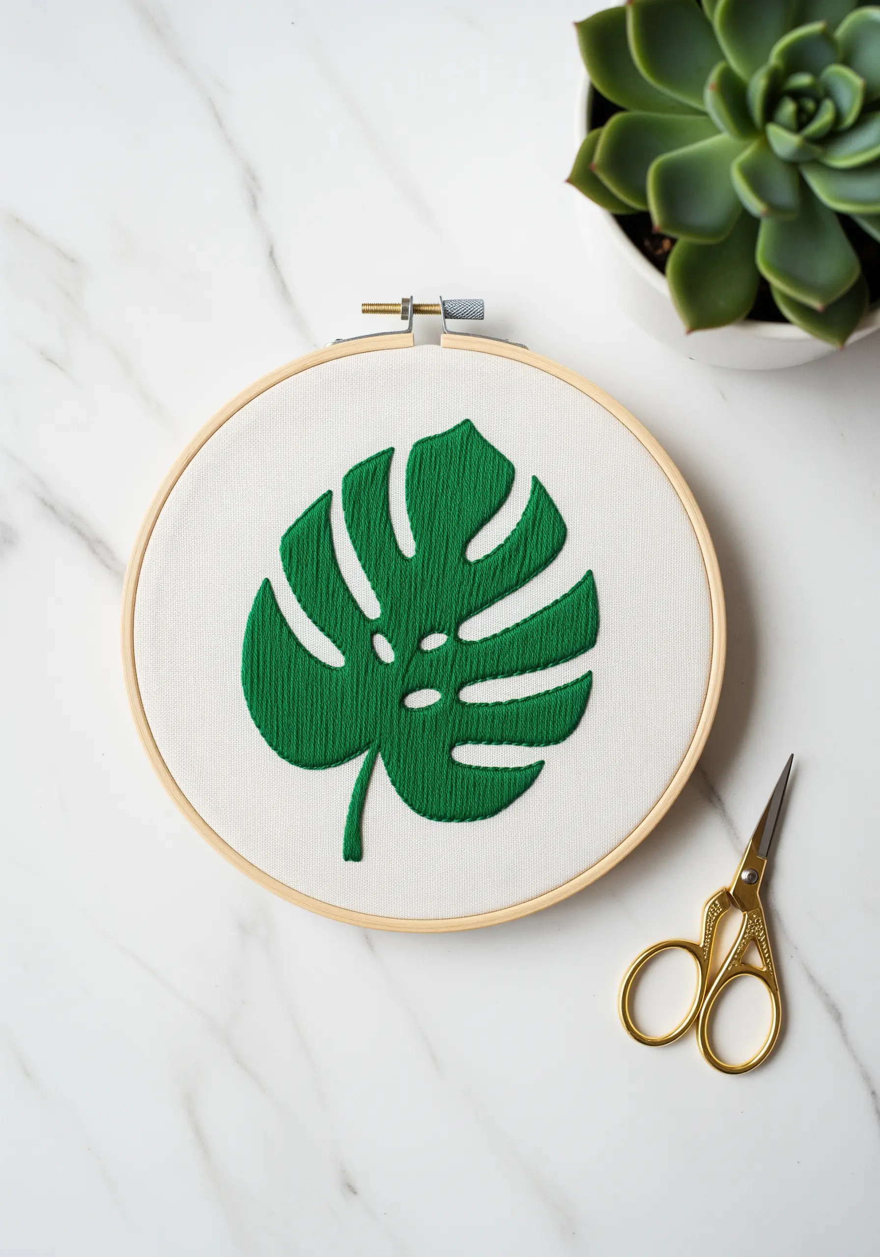 A single, large Monstera leaf embroidered in solid green satin stitch on white fabric.