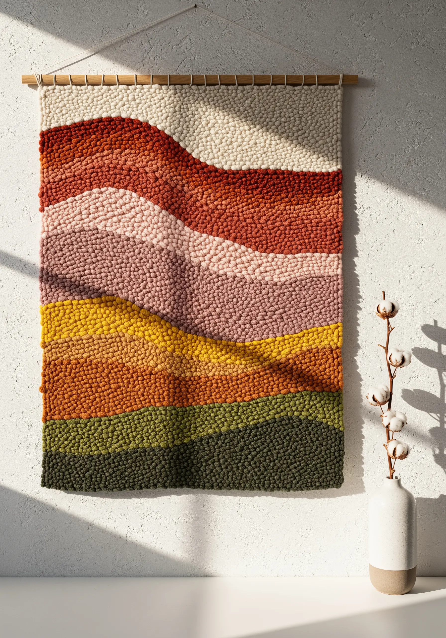 Abstract landscape wall hanging made with dense punch needle or French knots in earth tones.