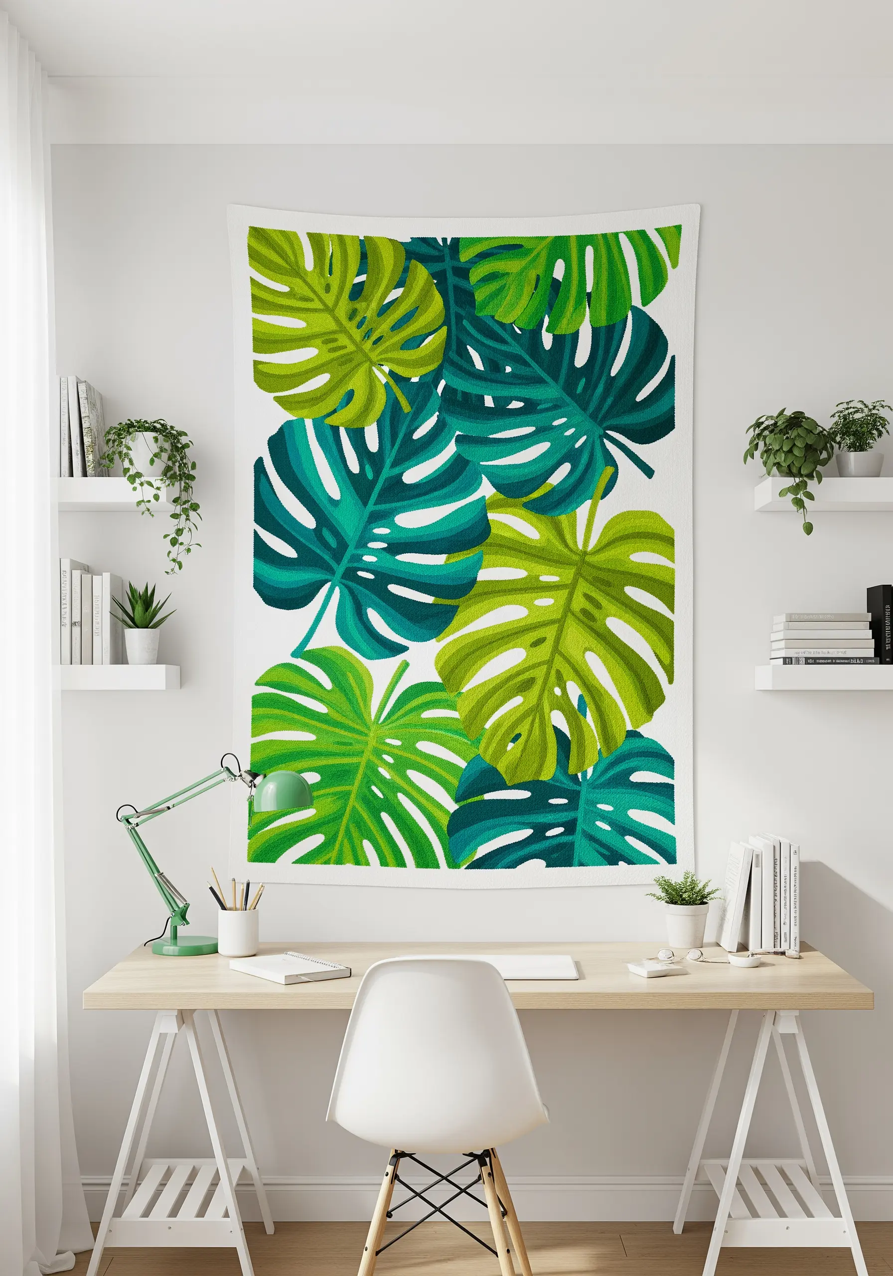 A wall tapestry featuring large, graphic monstera leaves in shades of green.
