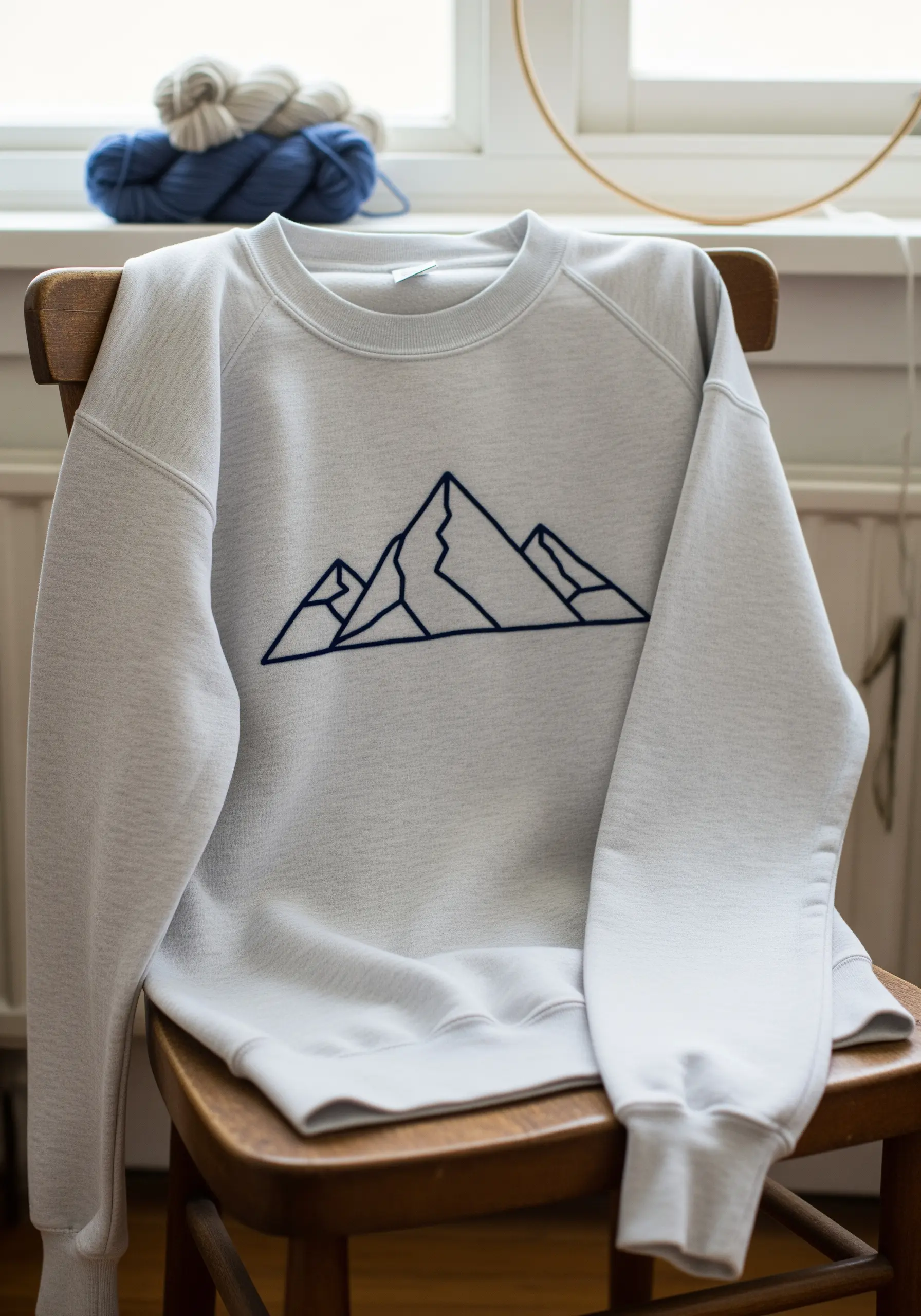 Minimalist mountain range outline embroidered in dark blue on a light gray sweatshirt.