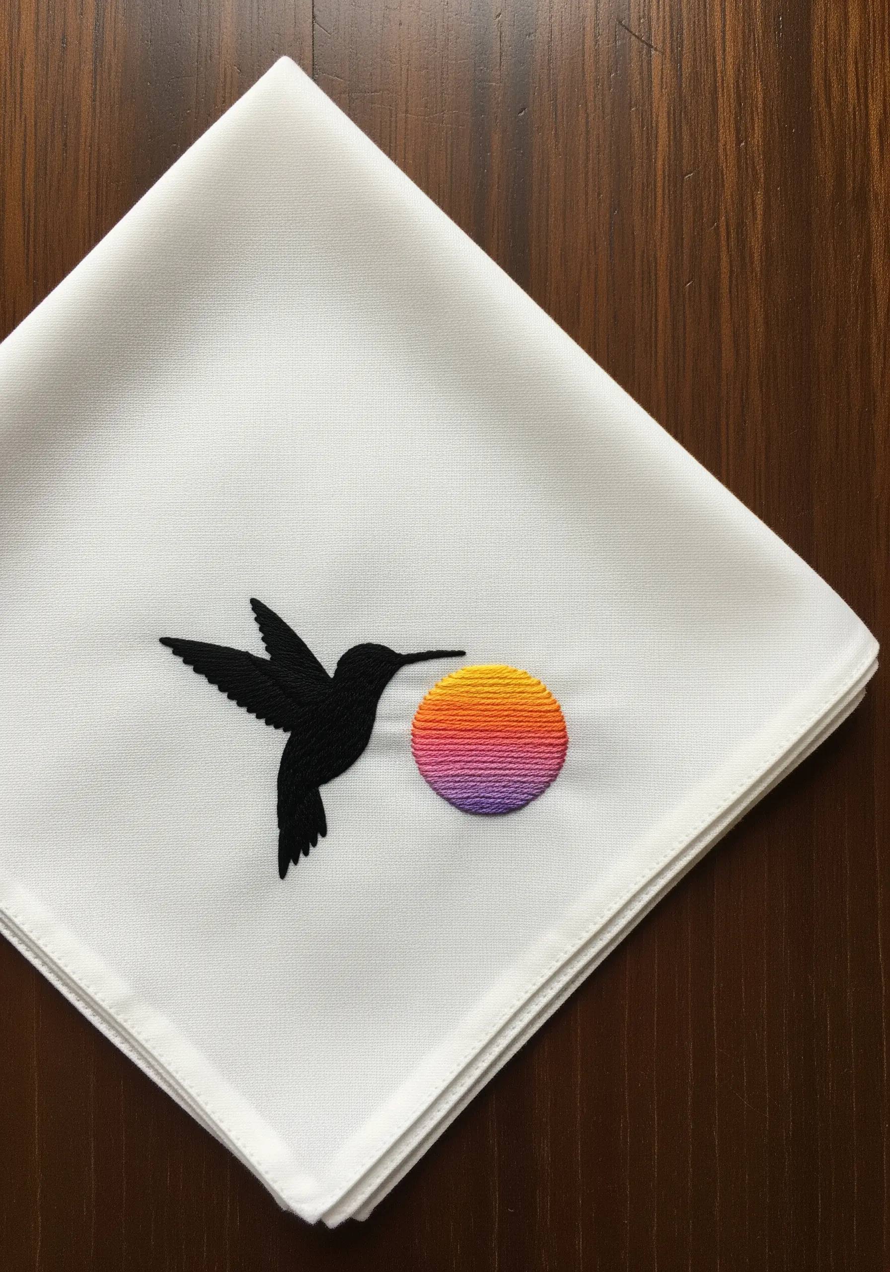 Black hummingbird silhouette next to a small, embroidered ombre sunset.