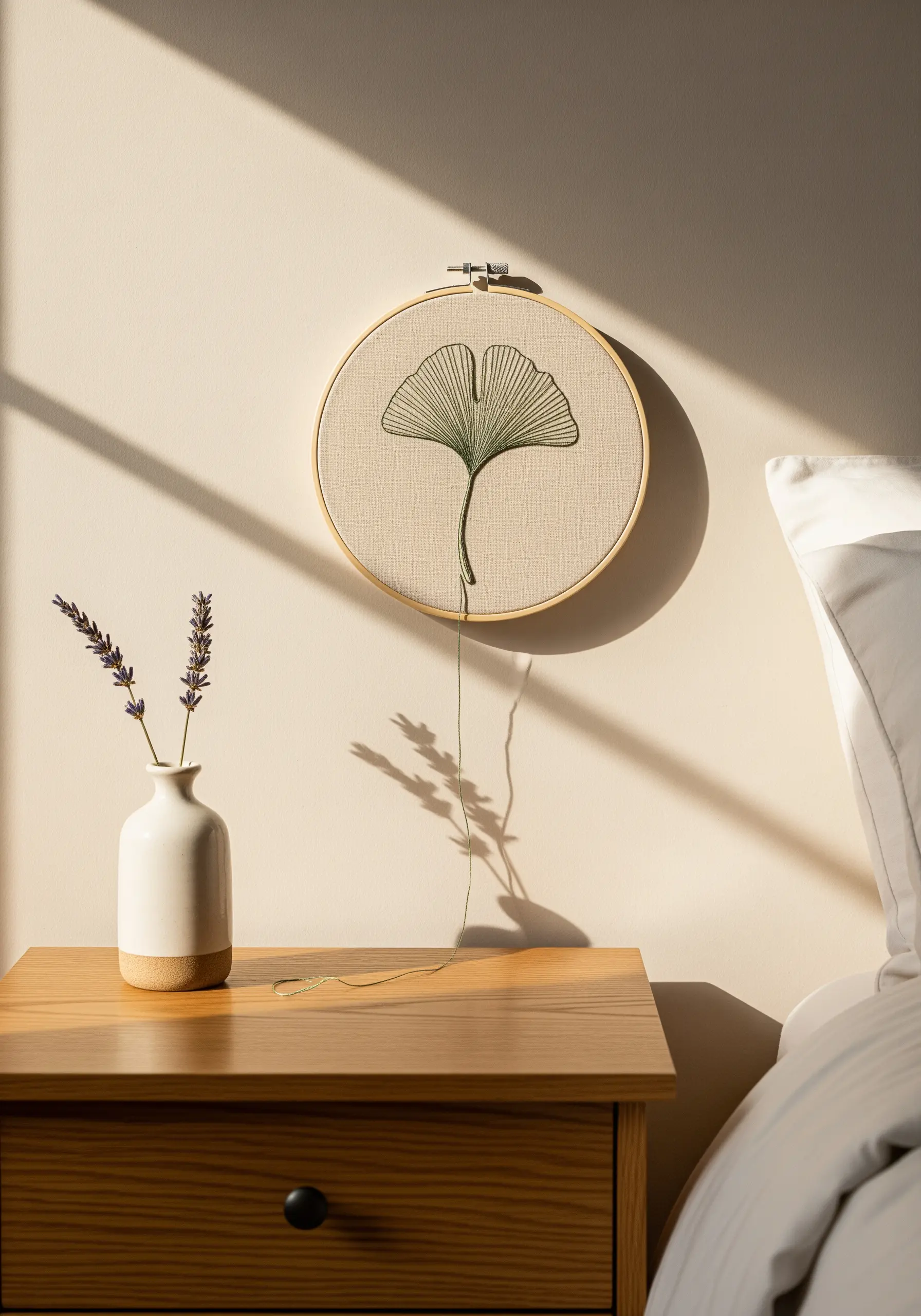 Minimalist ginkgo leaf embroidered with radiating green stitches in a wooden hoop.