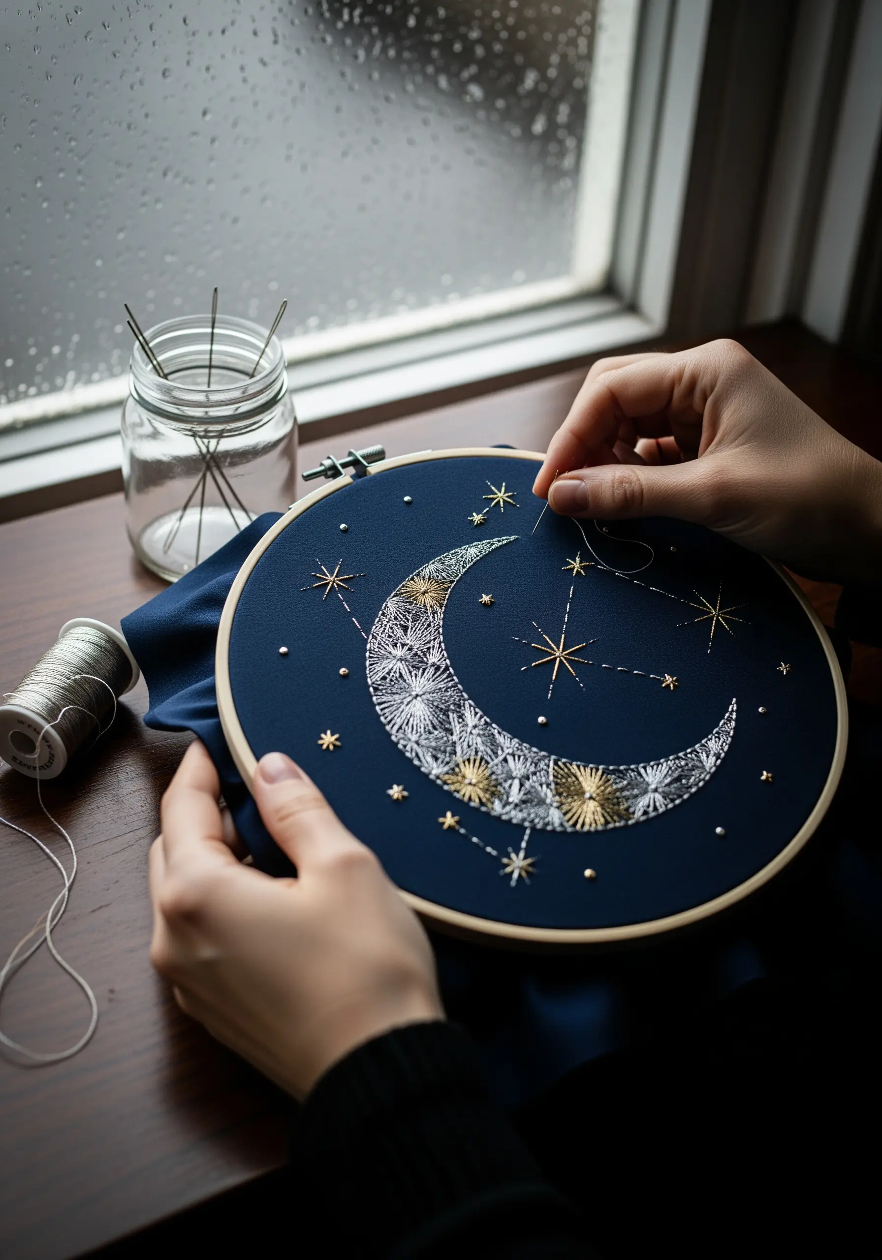 Embroidering a crescent moon and stars on dark blue fabric using silver and gold metallic threads.
