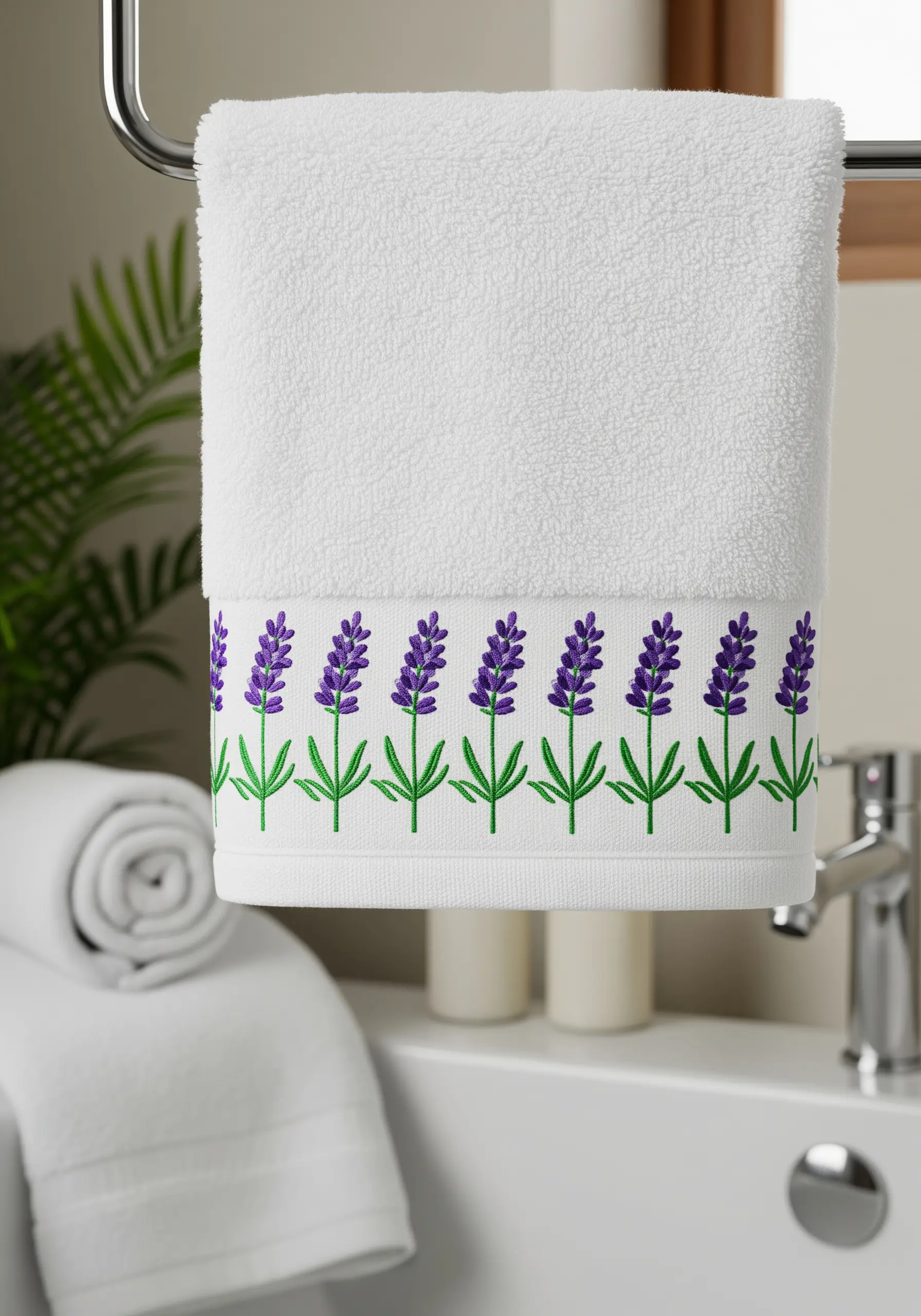 A clean, repeating border of satin-stitched lavender embroidered on a white hand towel.