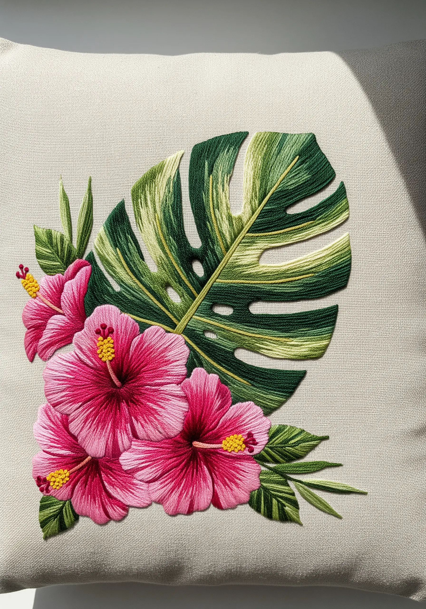 Detailed thread painting of a variegated monstera leaf and hibiscus flowers on a cushion.