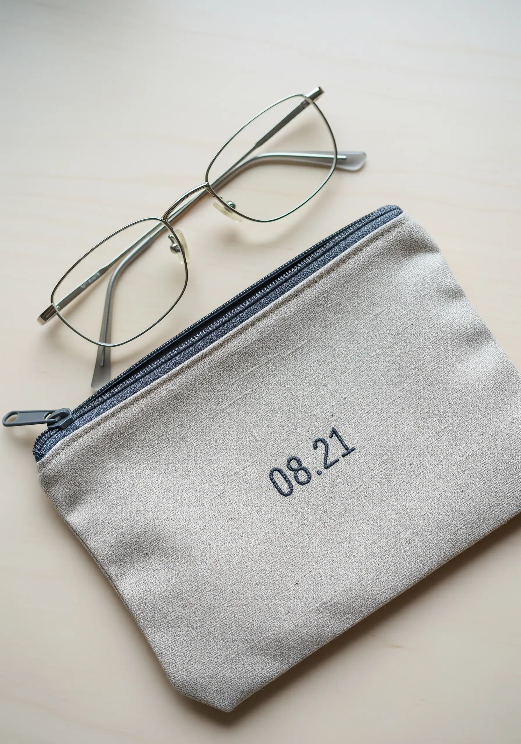 Embroidered date '08.21' in a modern font on a linen zipper pouch.