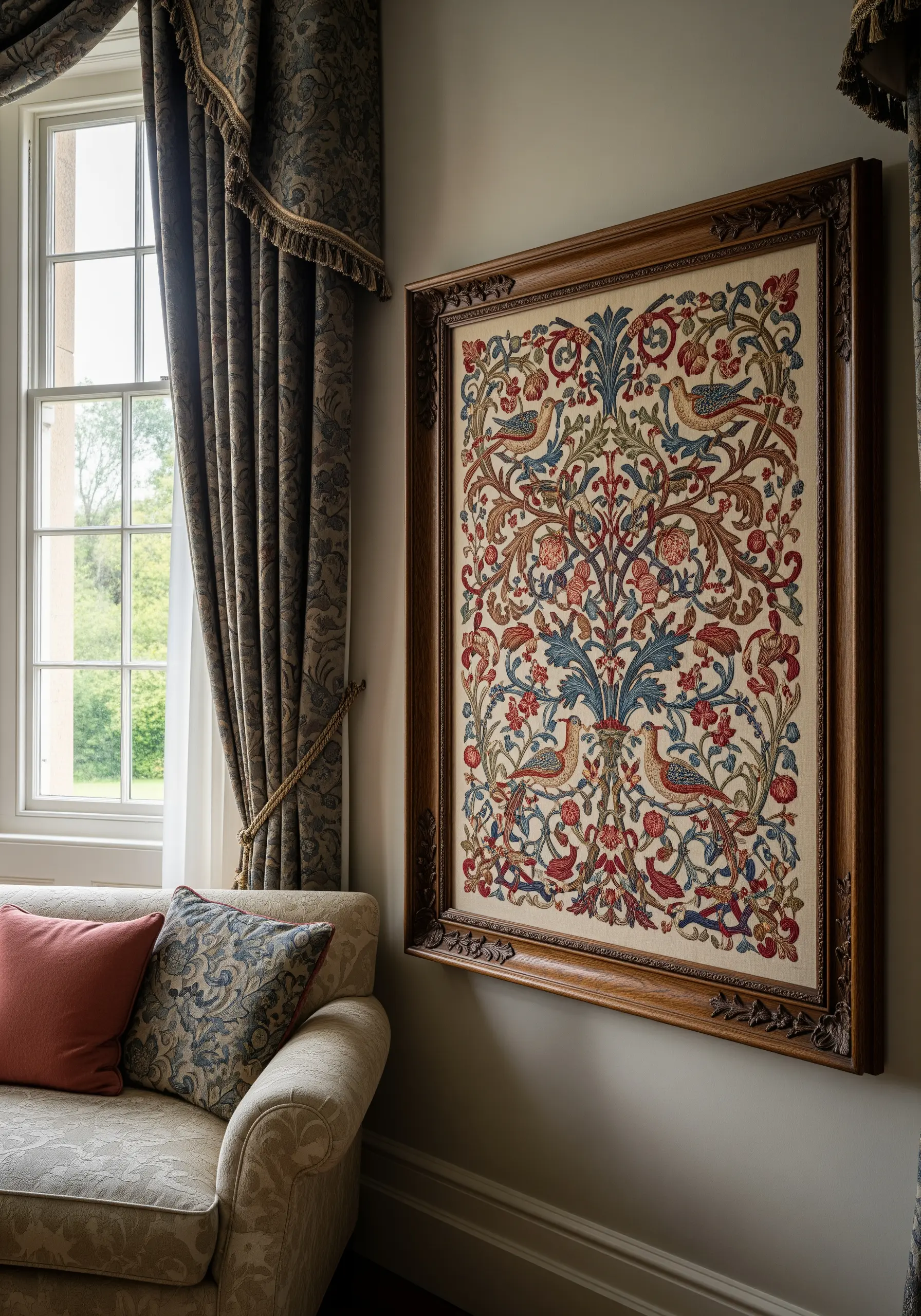 A large, traditional embroidery in the style of a tapestry, featuring birds and florals.