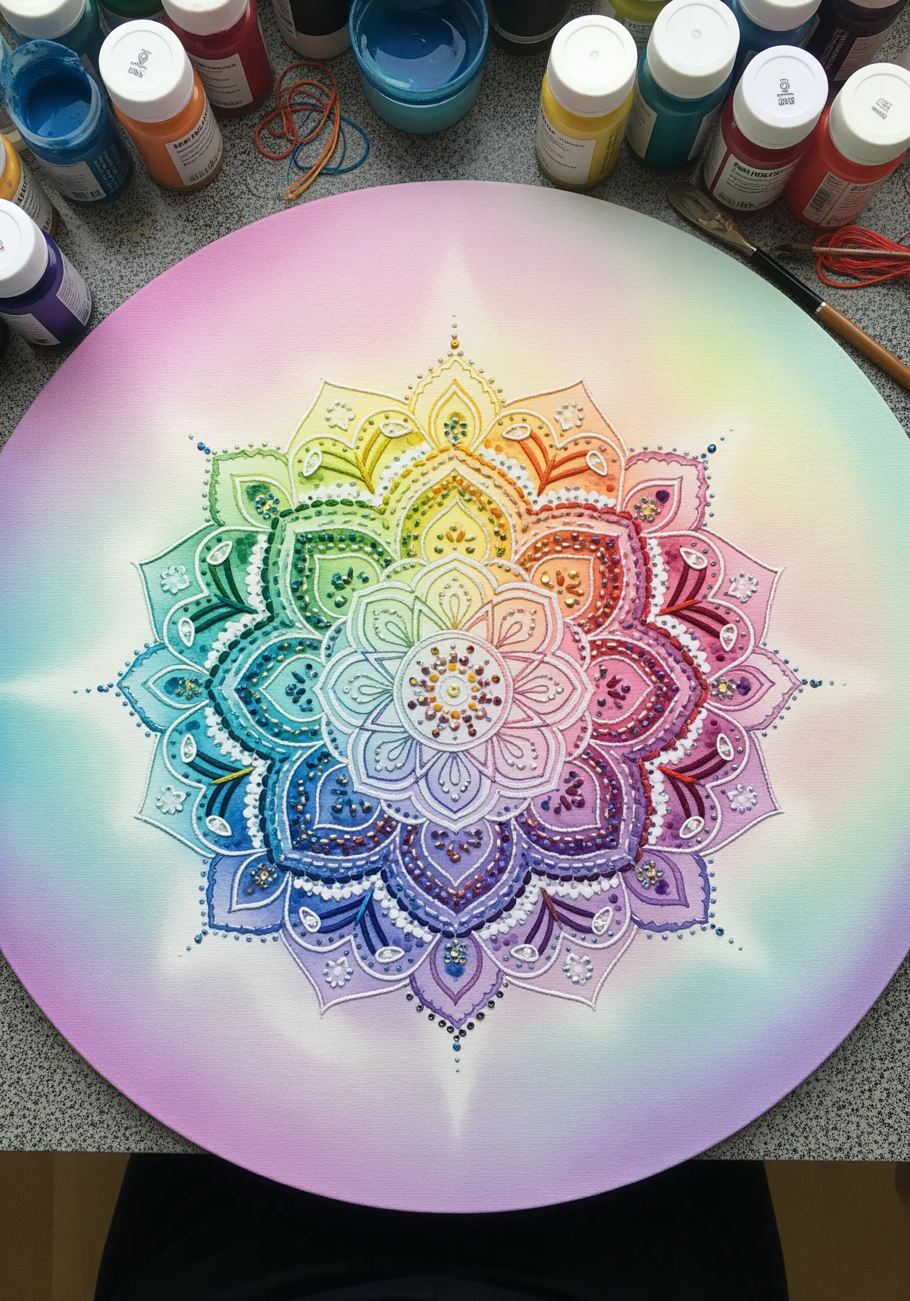 A large mandala created with dimensional white paint on a rainbow gradient canvas, with beaded details.