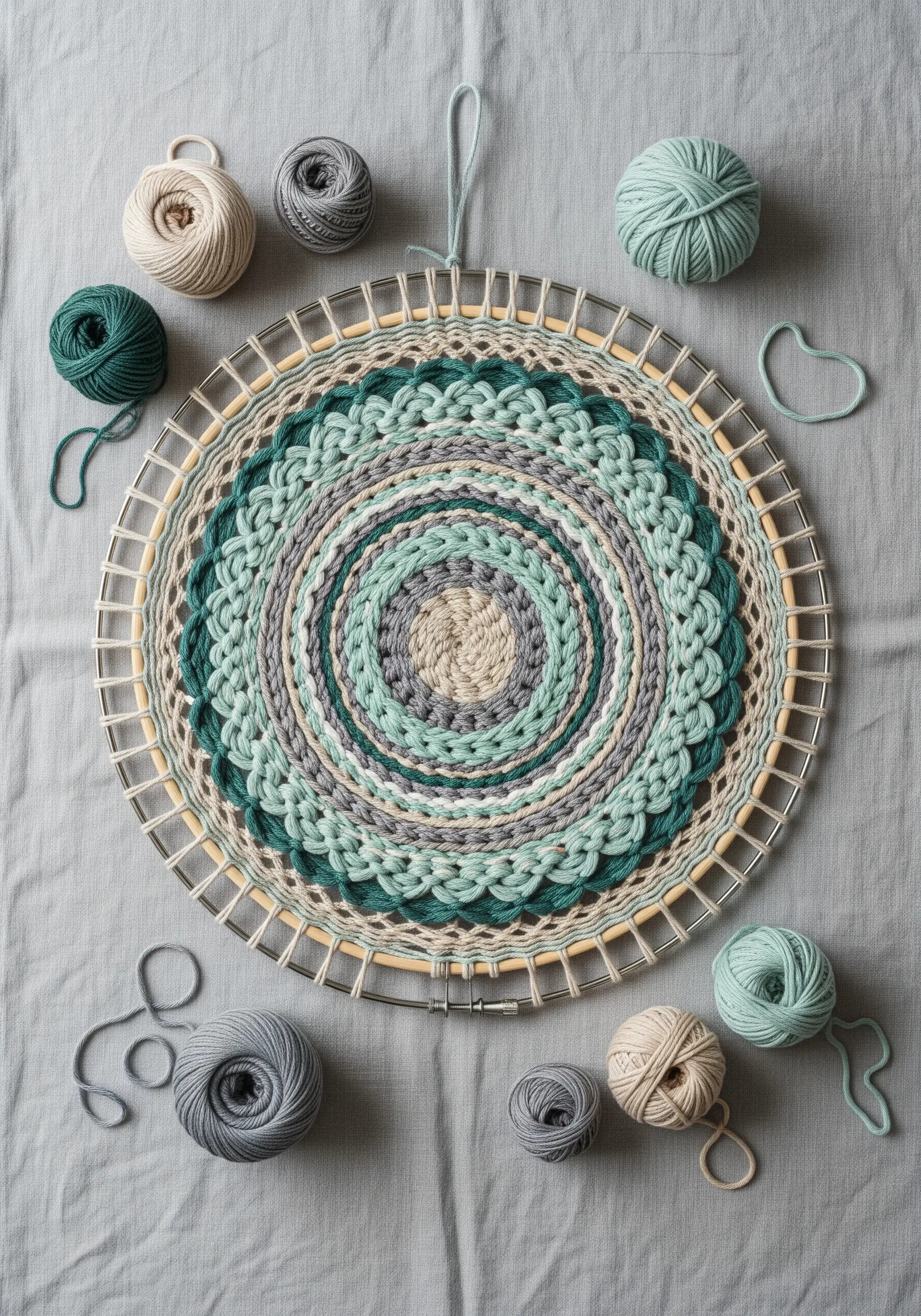 Circular weaving in cool tones of green, grey, and cream on a round metal frame.