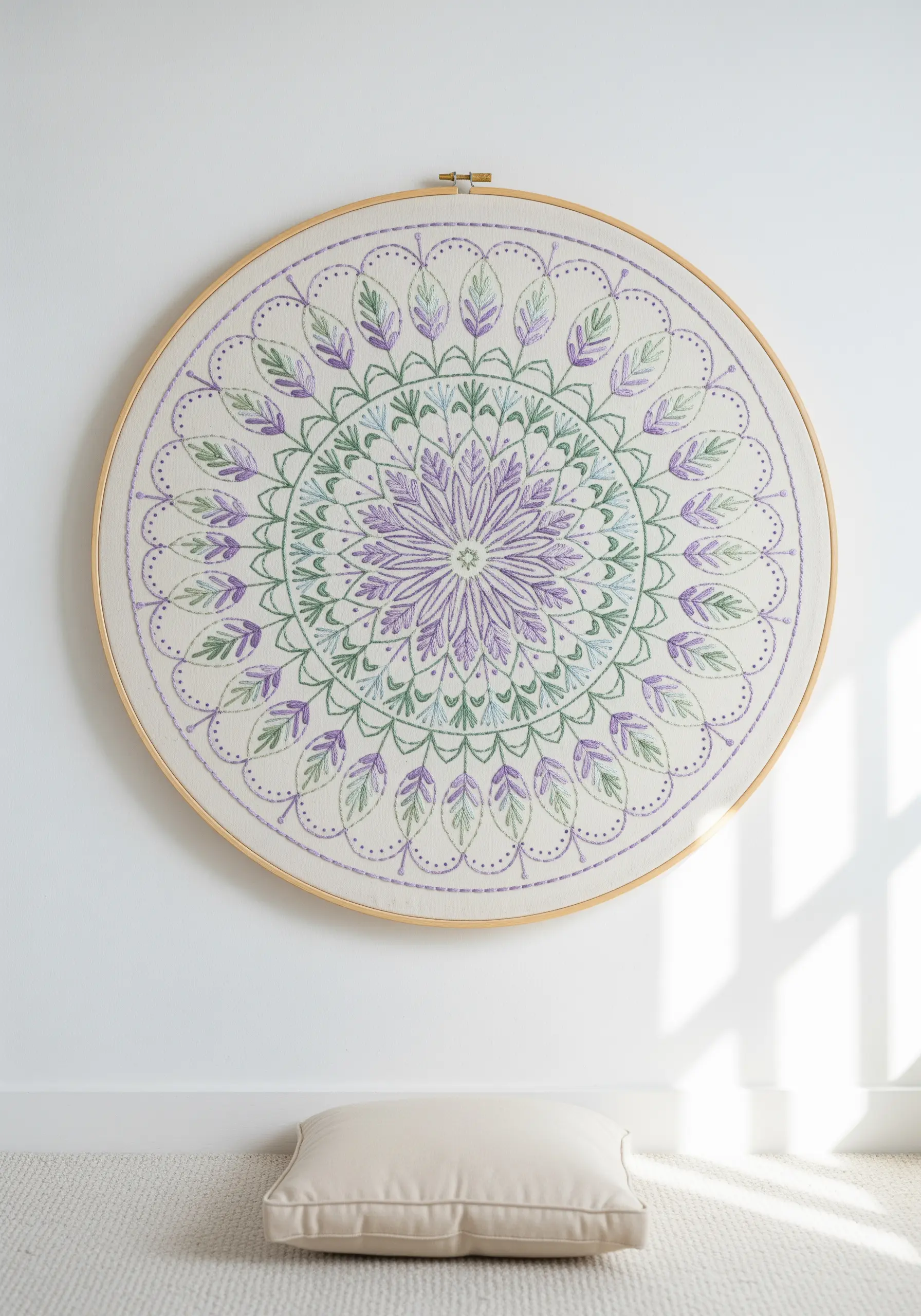 A large, symmetrical mandala embroidered in a hoop with soothing purple and green tones.