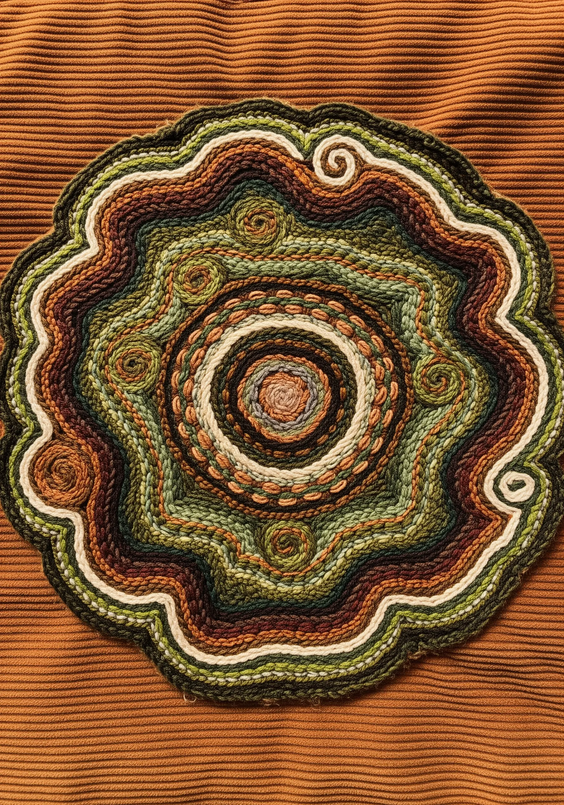 A circular, scalloped embroidery mandala with earthy green and brown concentric rings.