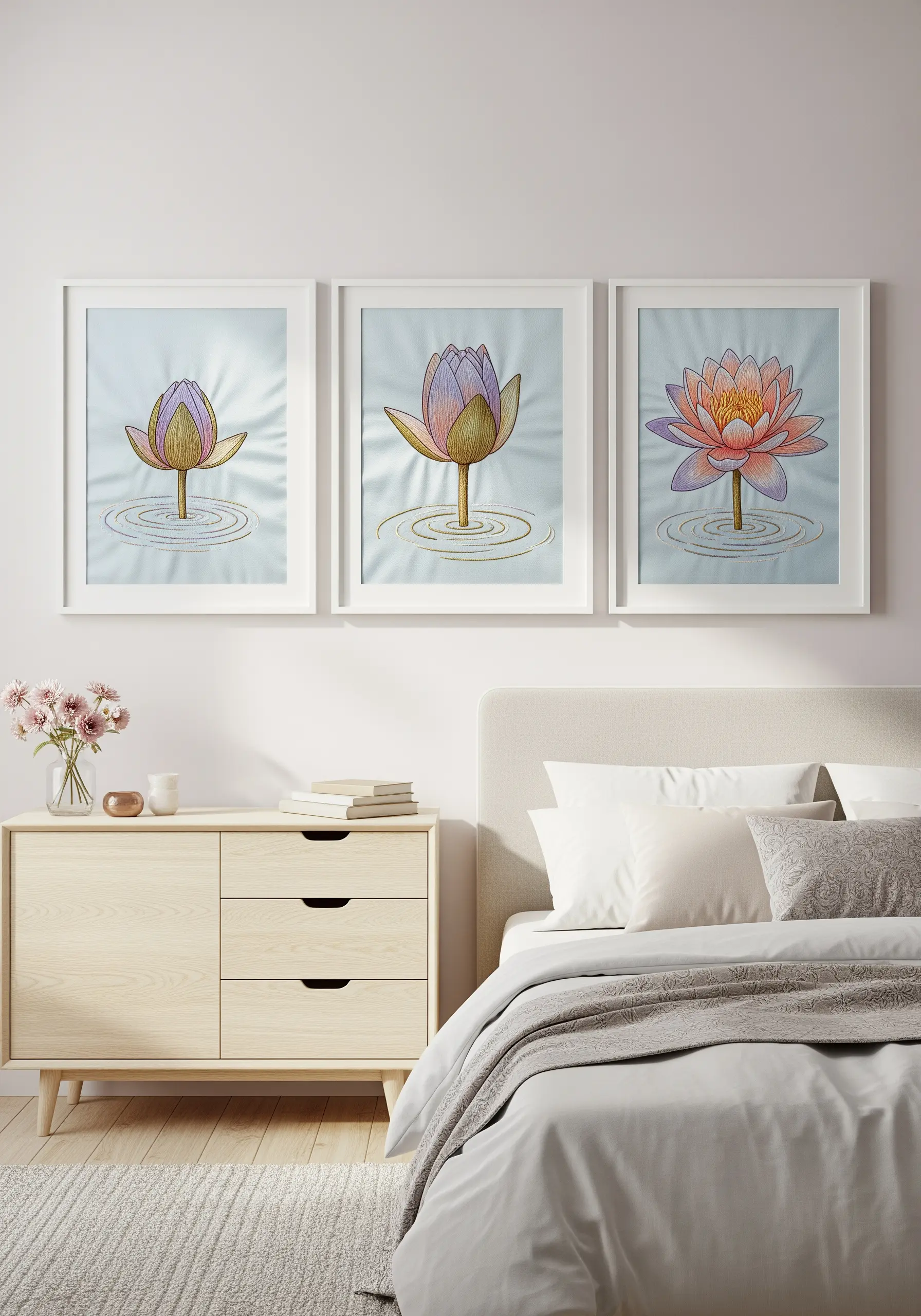 A triptych of framed embroidery showing a water lily in three stages of blooming.