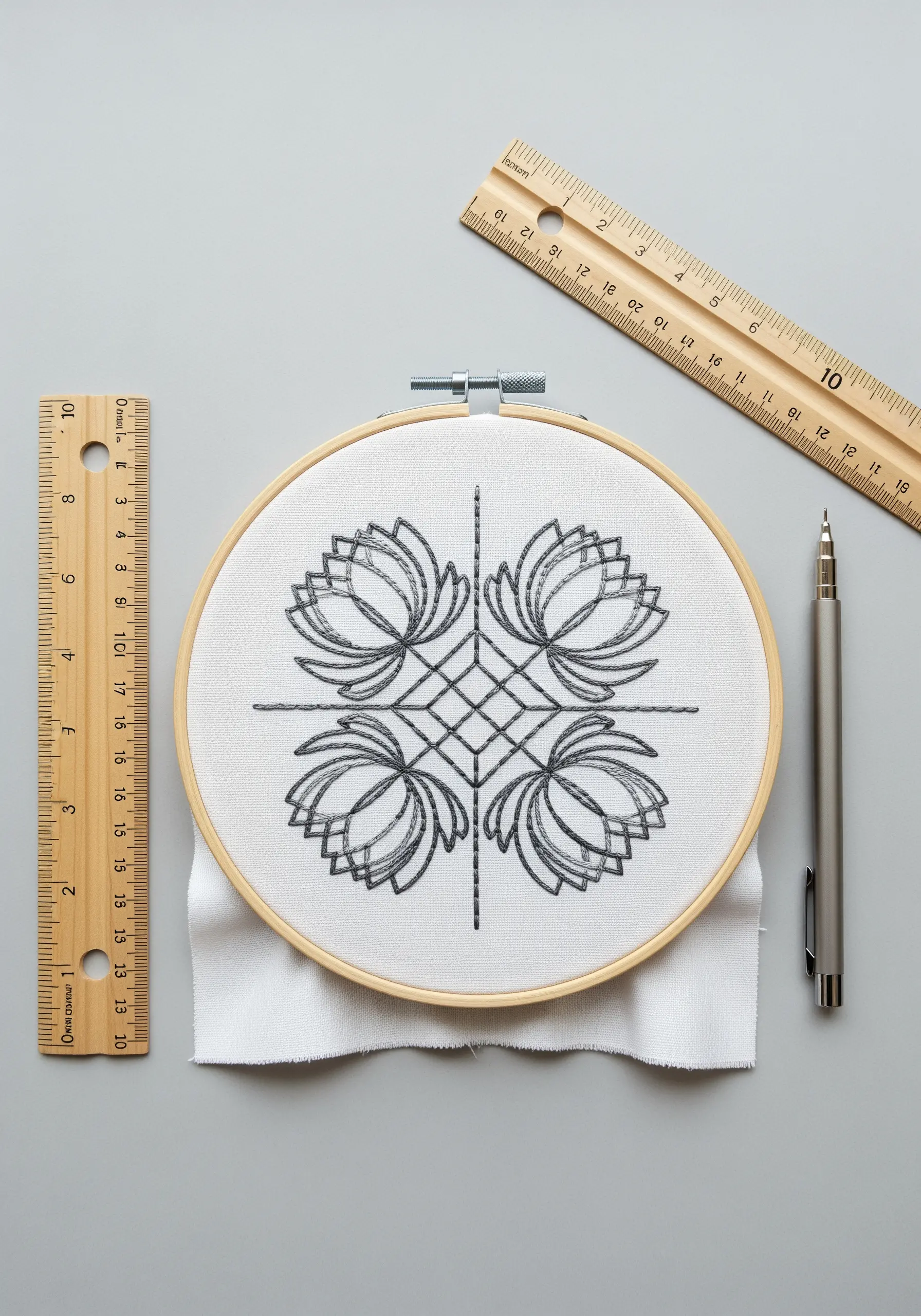 Geometric floral line art embroidery with intersecting lines on white fabric.