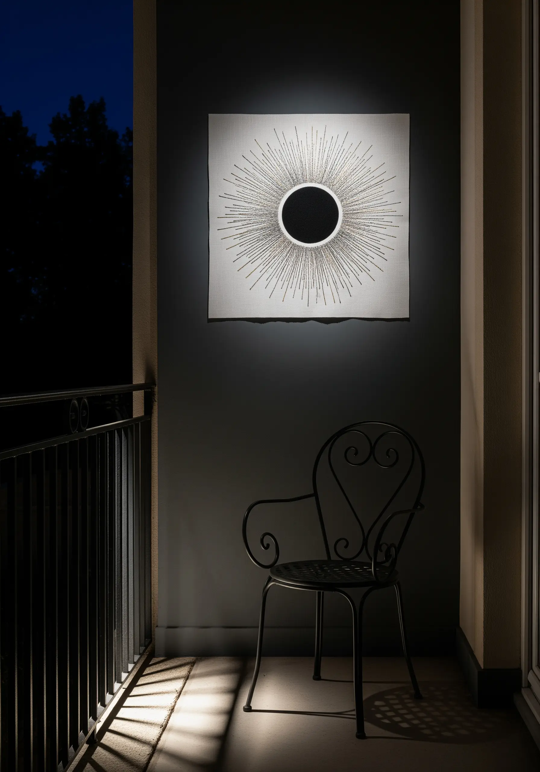 A dramatic embroidery of a solar eclipse with metallic thread on a dark wall.