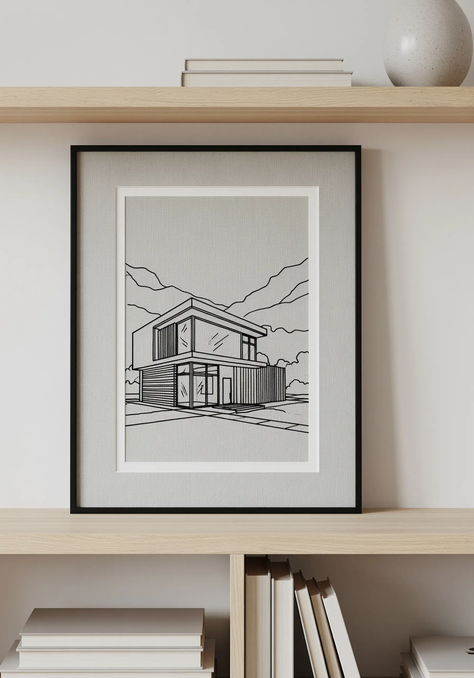 A framed blackwork embroidery of a modern house, stitched in clean, fine lines.