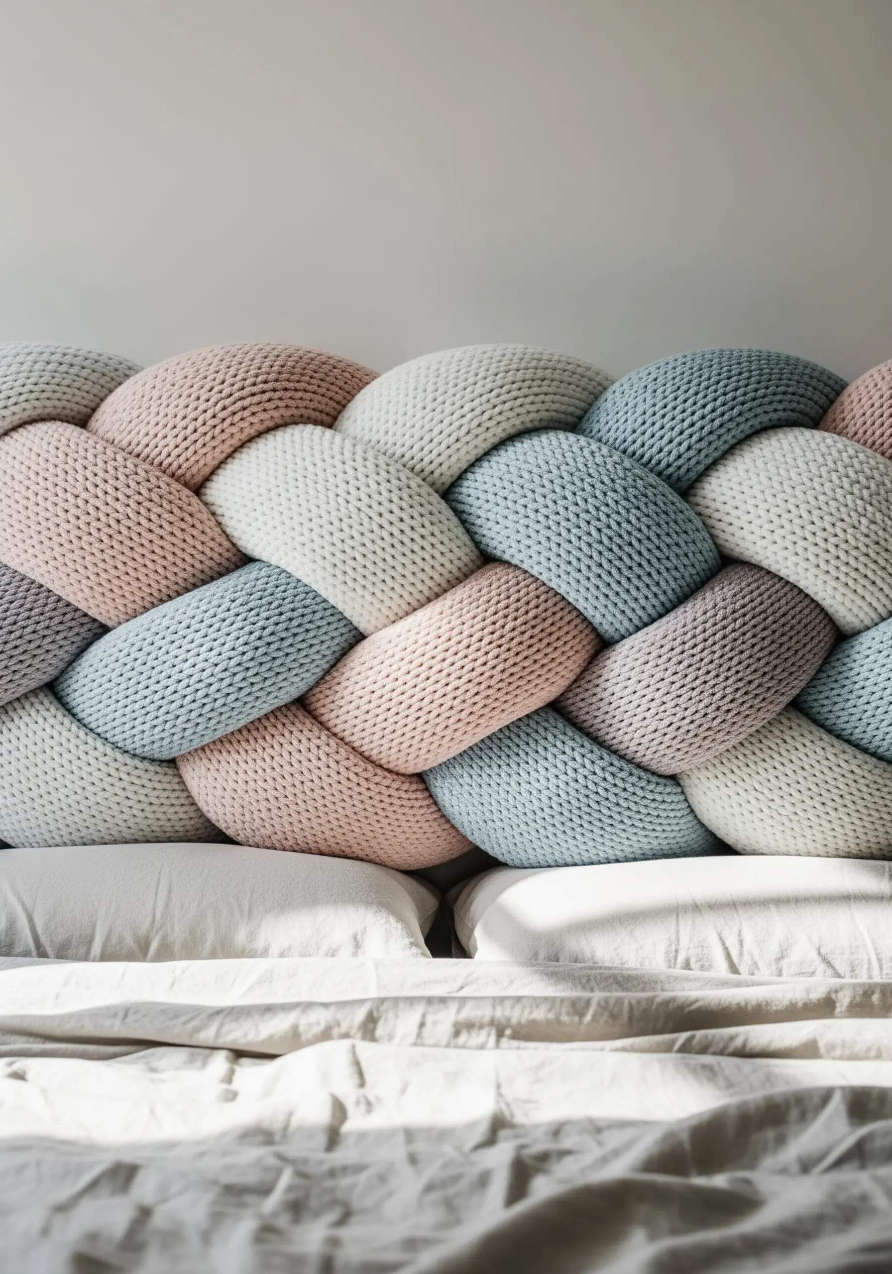 A braided headboard made from large, soft, pastel-colored knitted or fabric tubes.