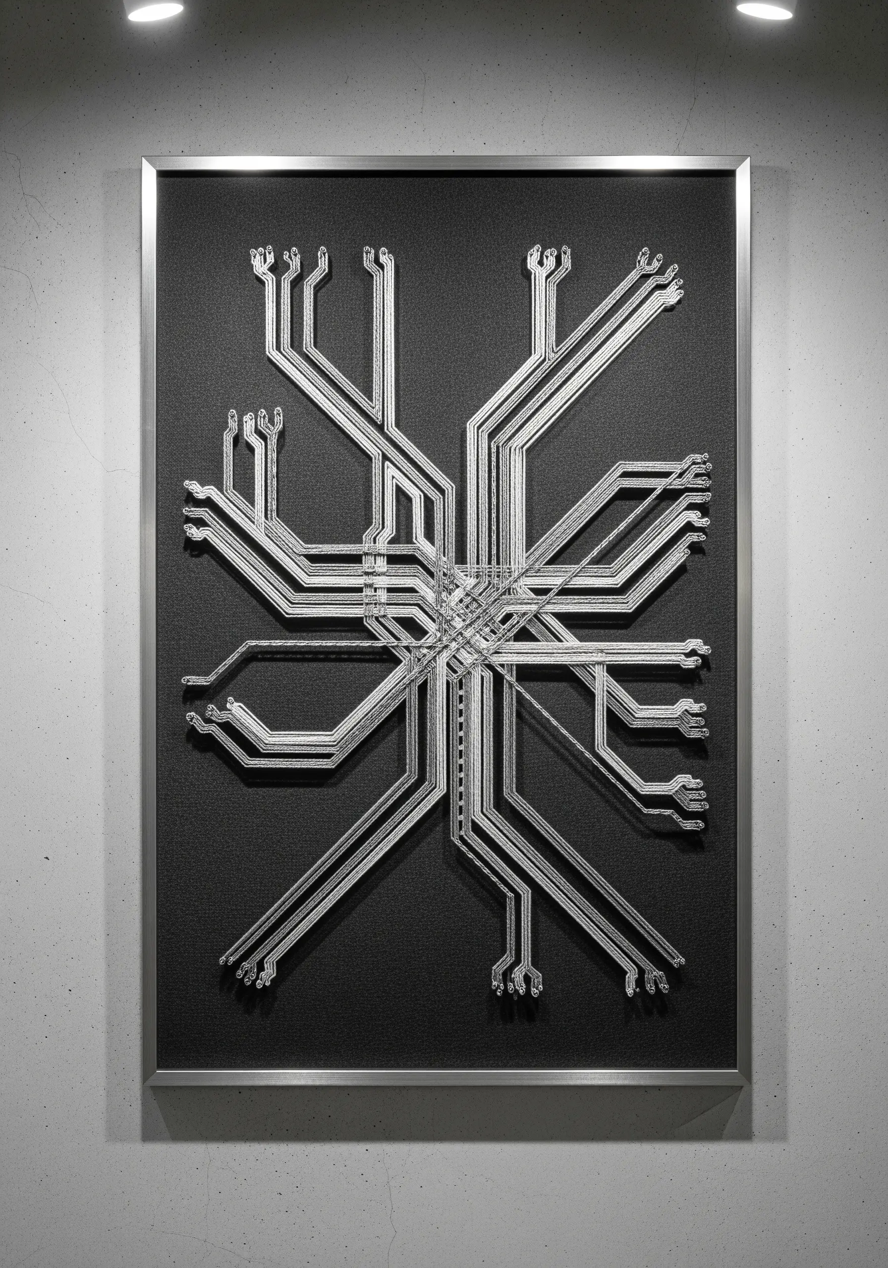 Abstract geometric string art piece in silver thread on a black background, resembling a circuit board.