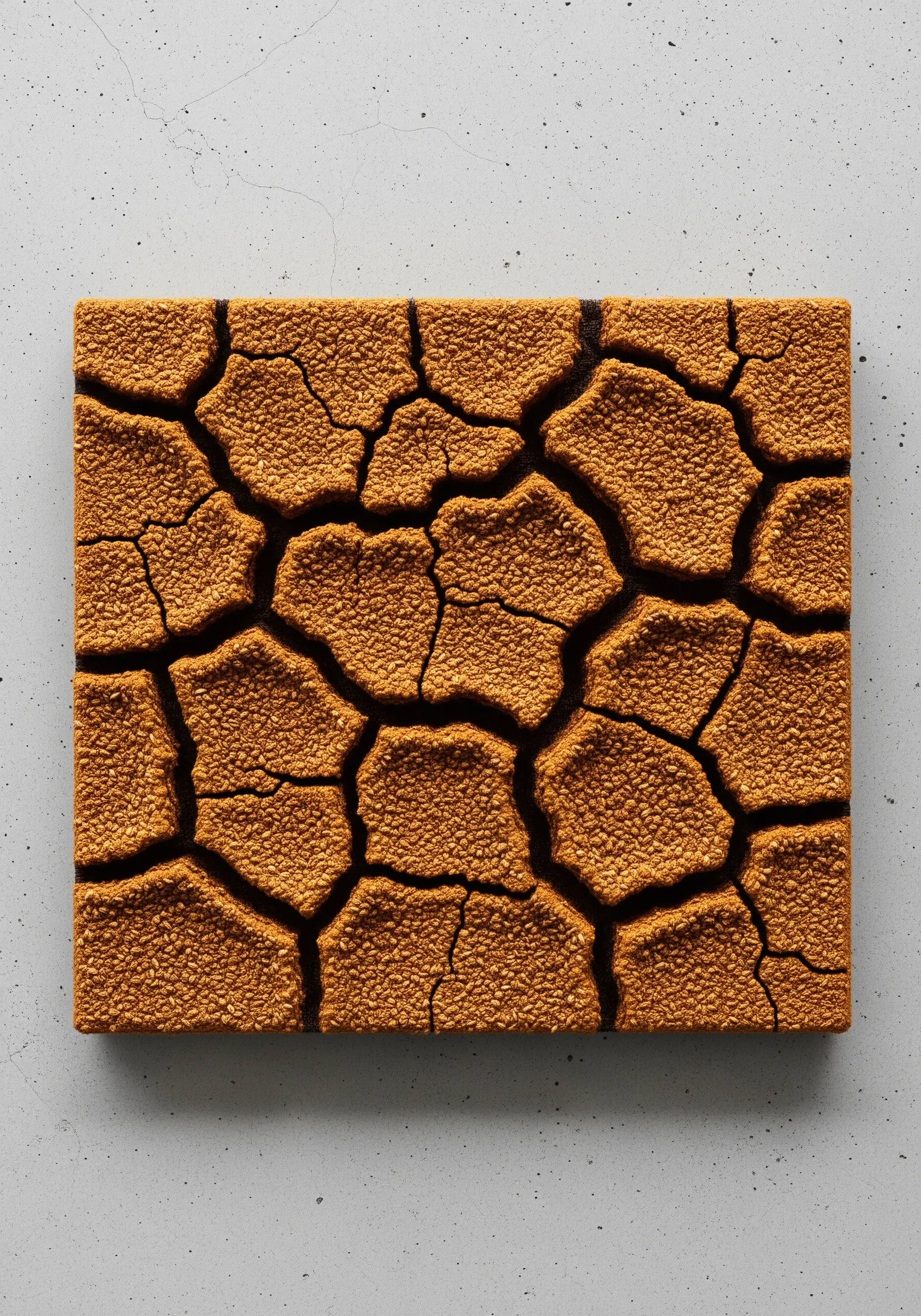 Textile art with dense French knots in ochre, separated by empty channels to look like cracked earth.