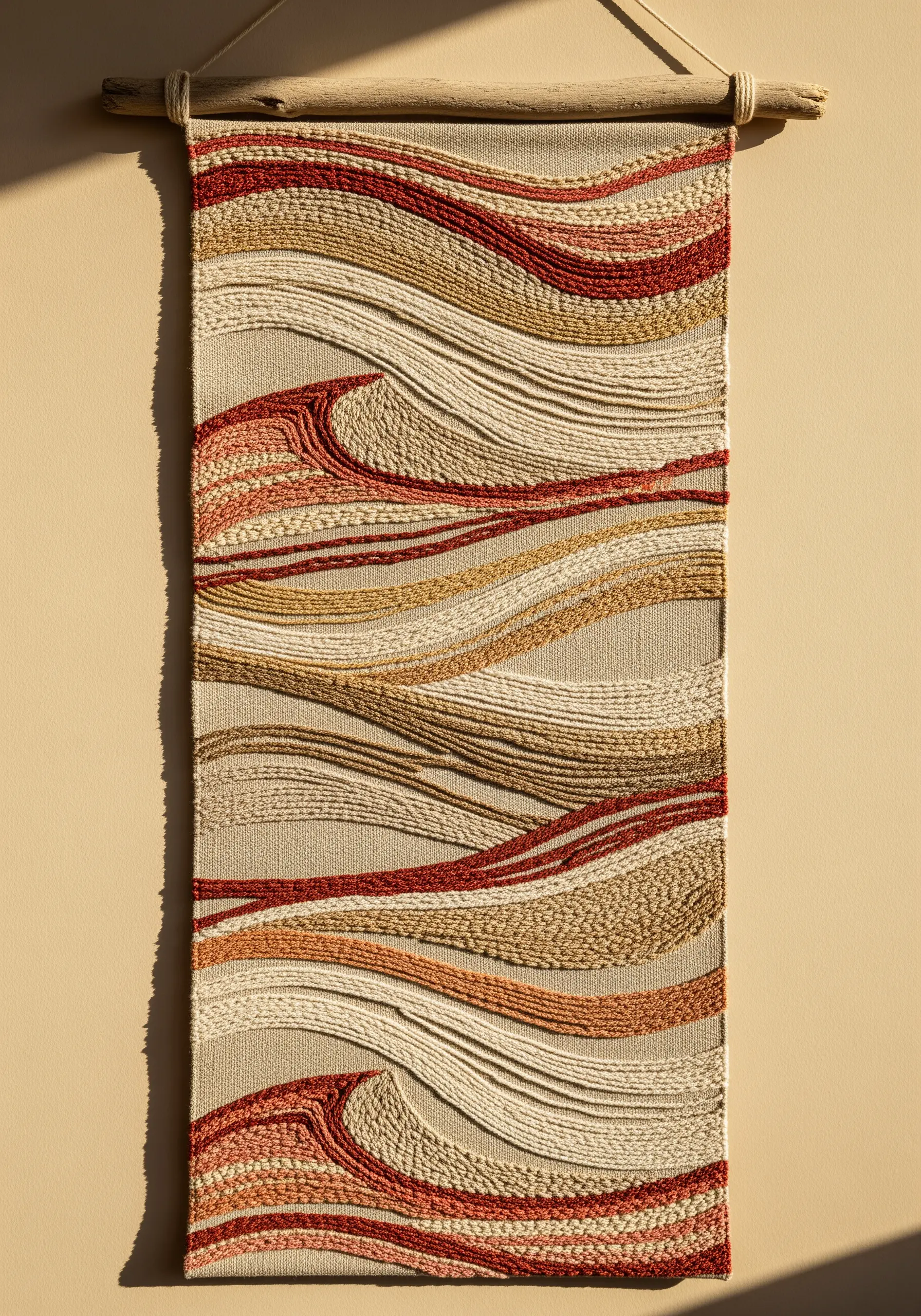 A woven wall hanging with flowing waves of texture in earthy red, beige, and cream tones.