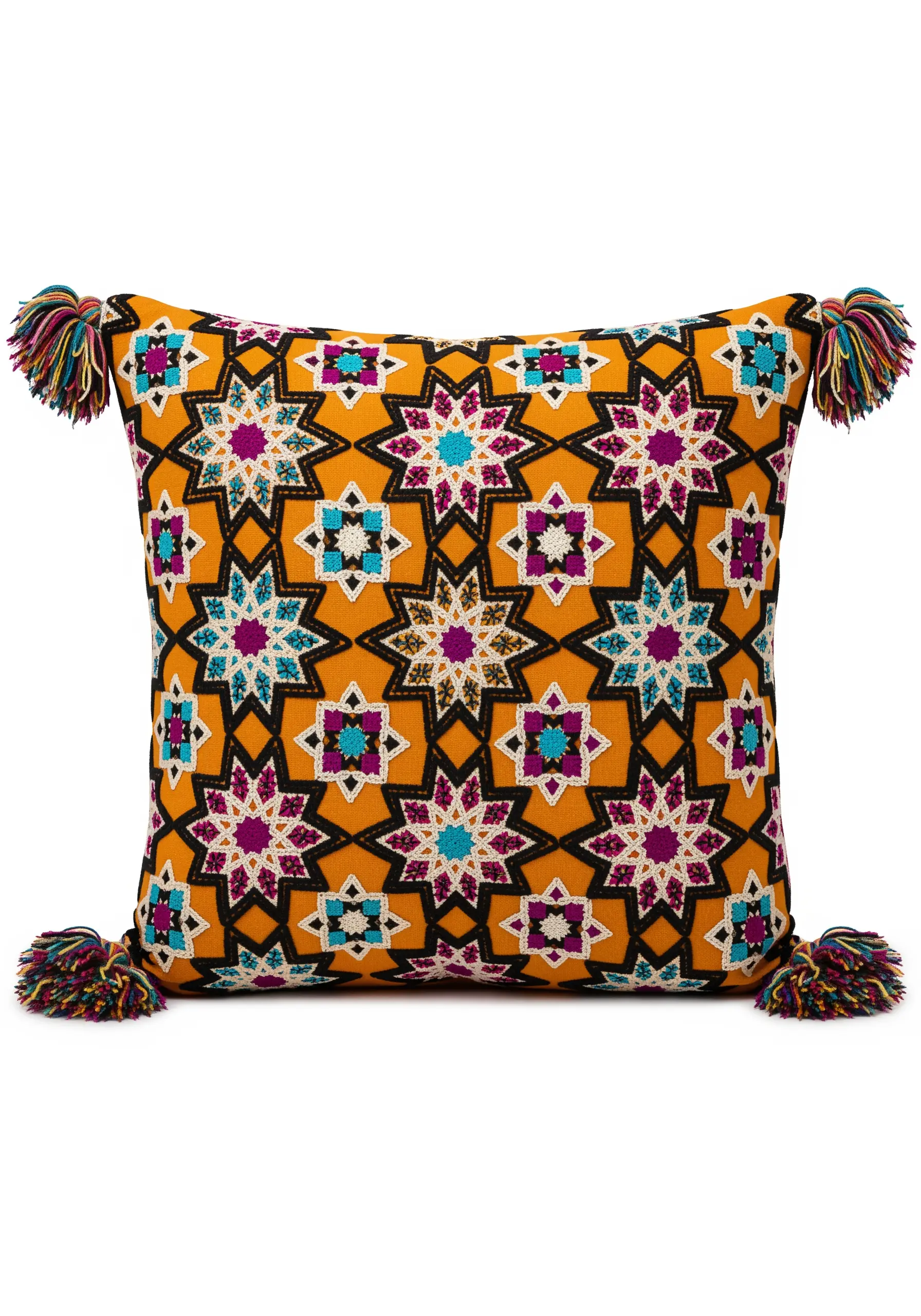 A geometric star pattern inspired by Kilim rugs on a bright orange cushion