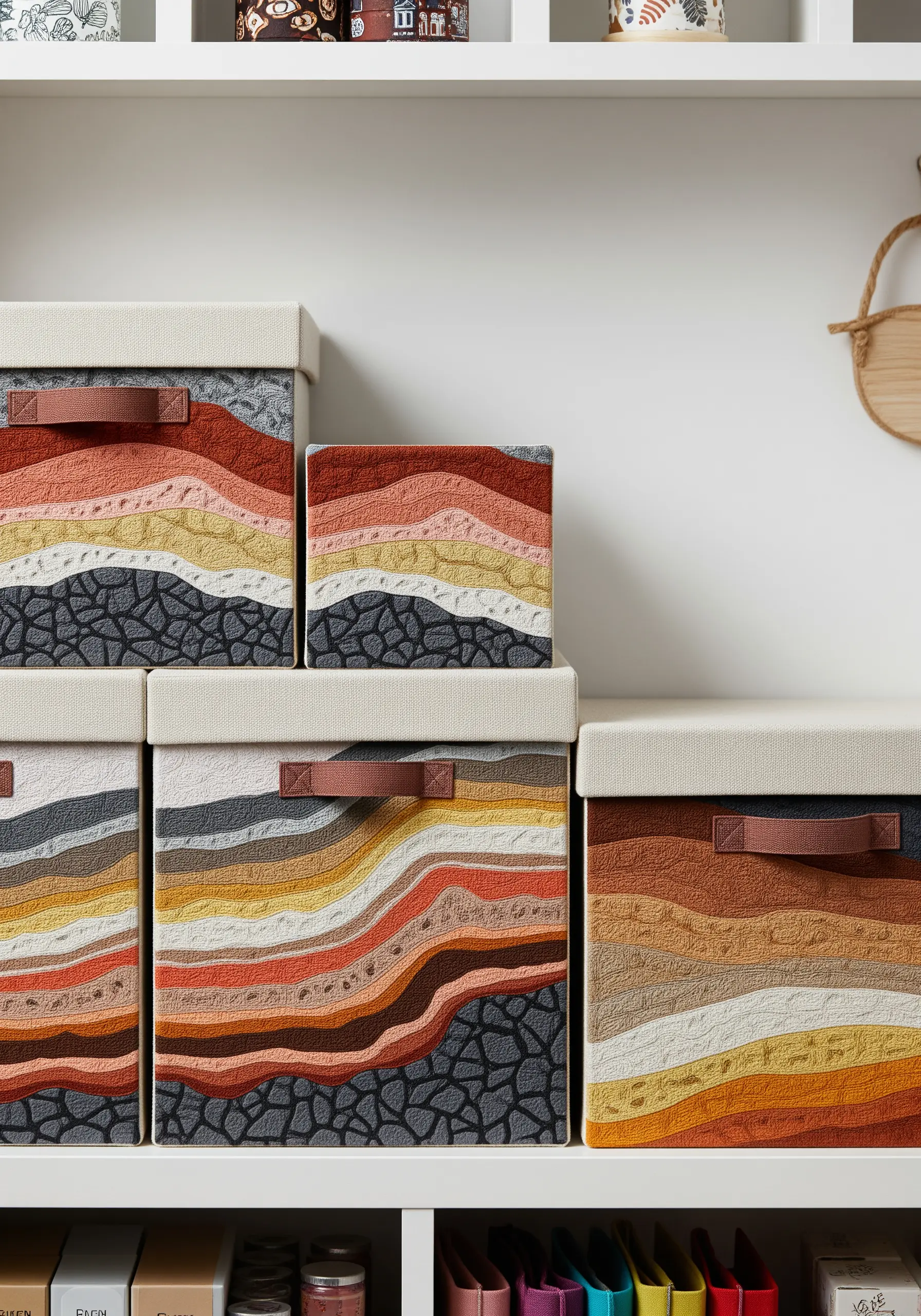 Fabric storage boxes with embroidered designs resembling layered rock and geodes.