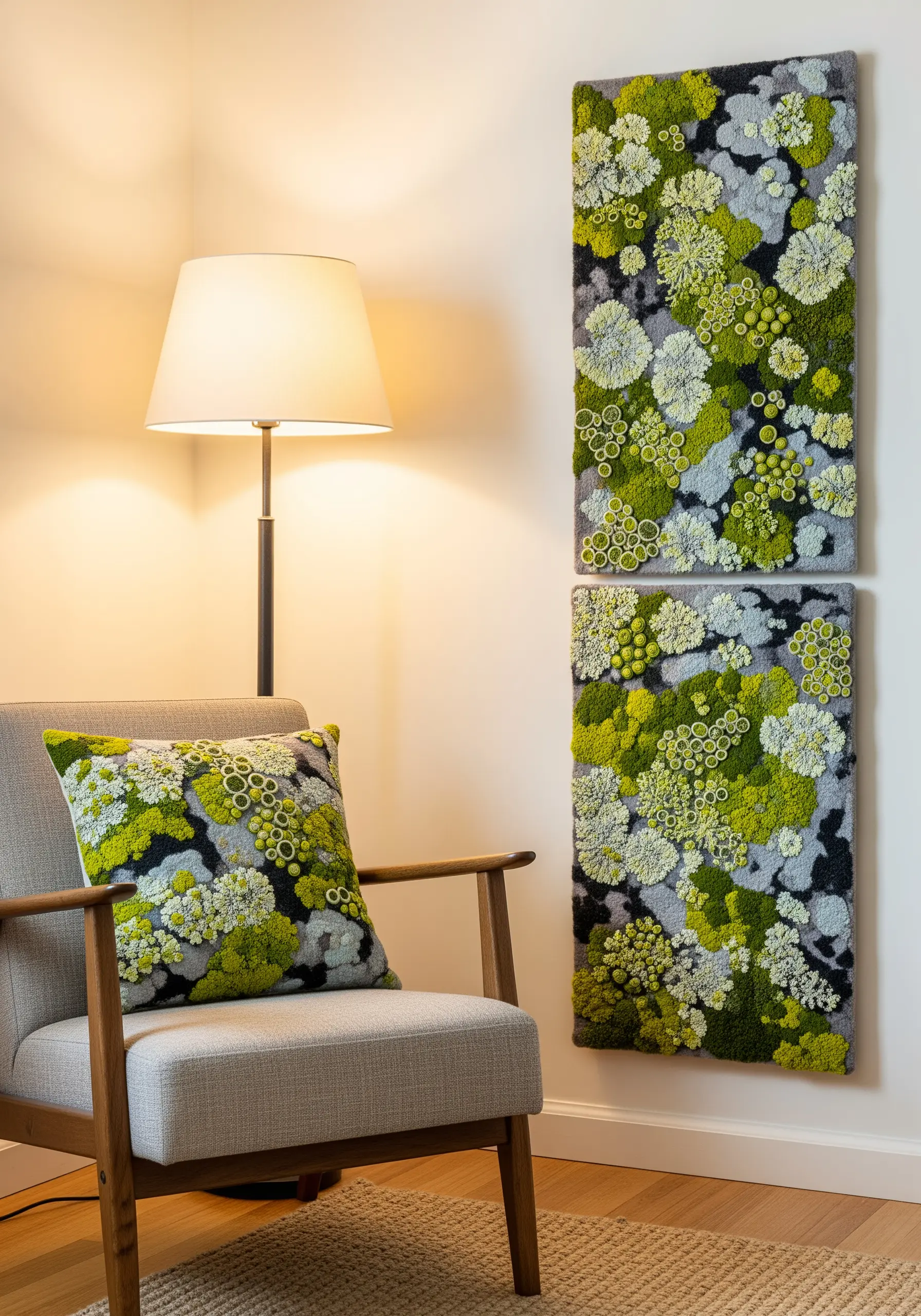 Wall panels and a matching pillow with highly textural embroidery that mimics moss and lichen.