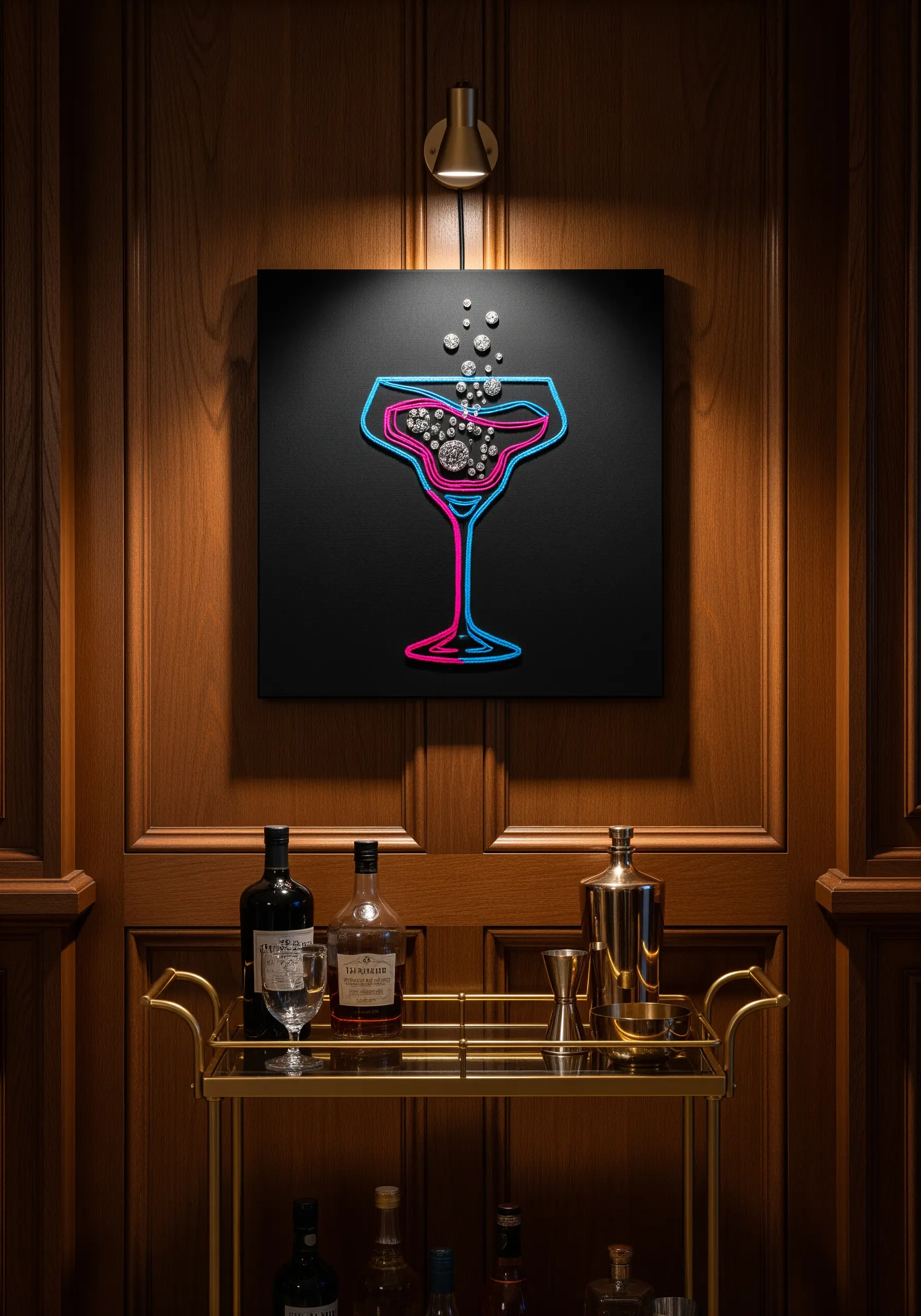 A neon-style embroidered margarita glass in pink and blue on a black canvas.