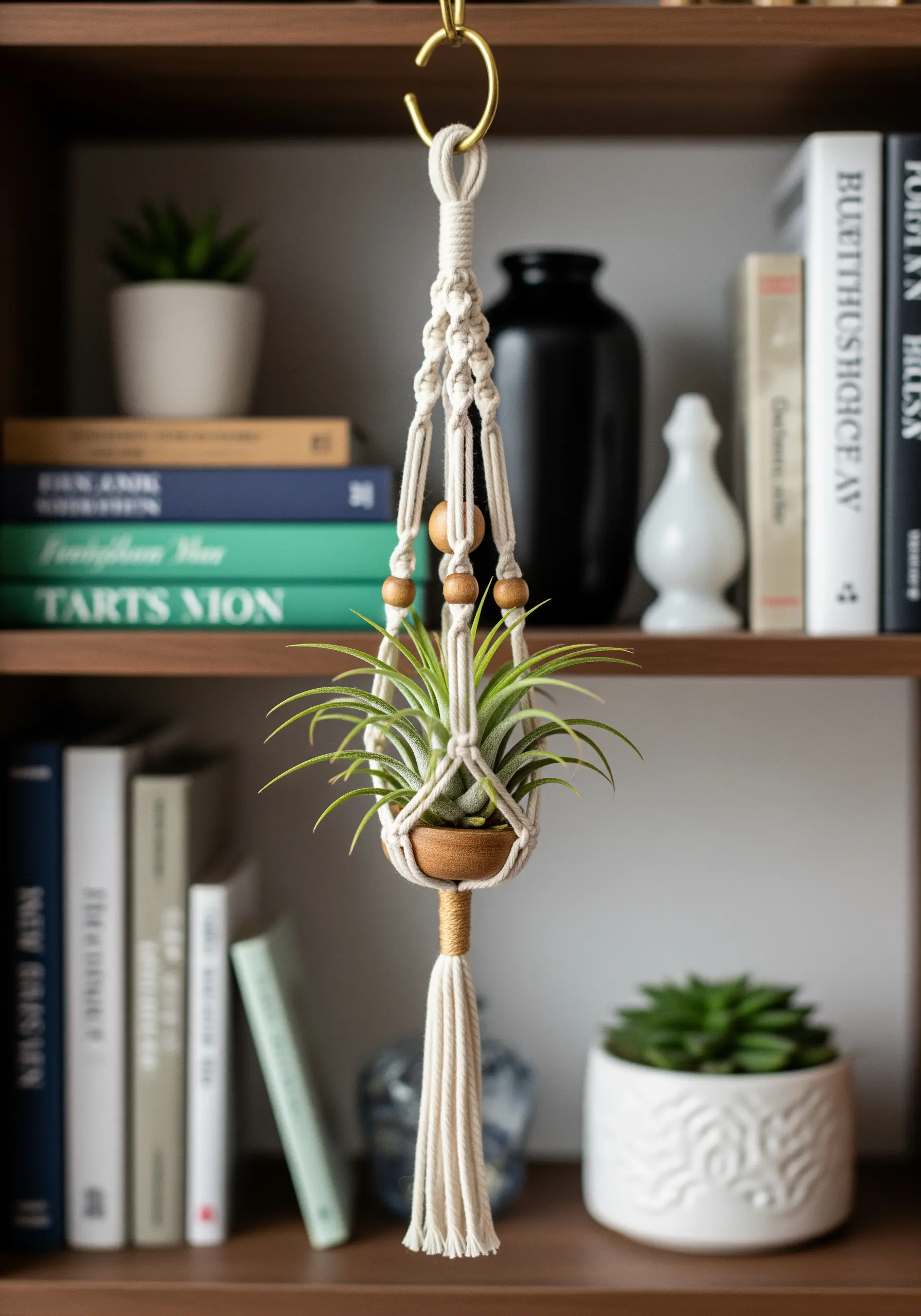 A small macrame plant hanger holding an air plant, hanging from a bookshelf.